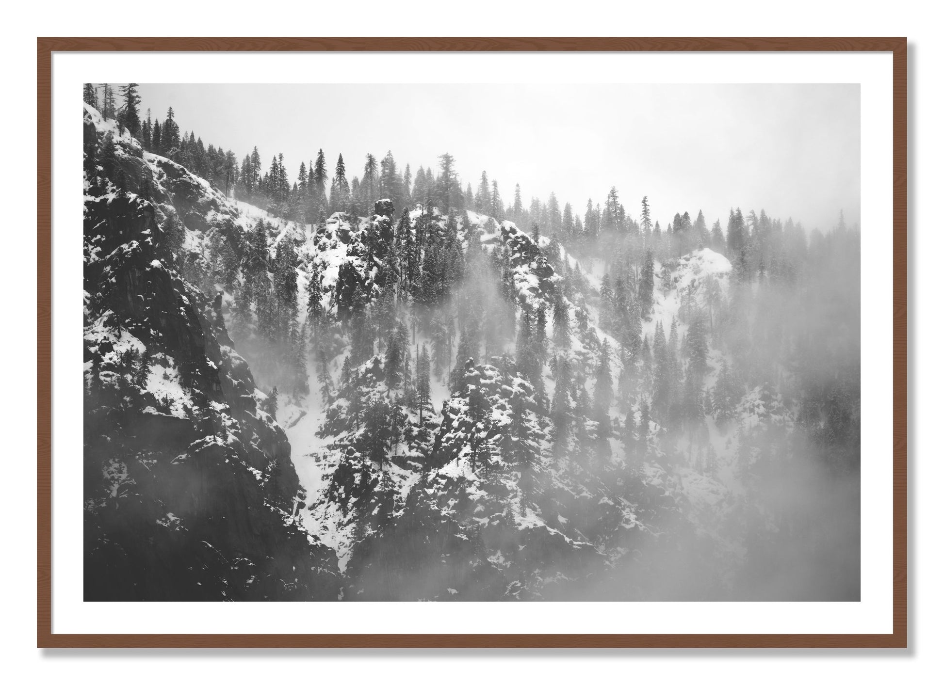 Framed photograph of SIerra Snow by Dylan Ozanich, Walnut frame, Borders