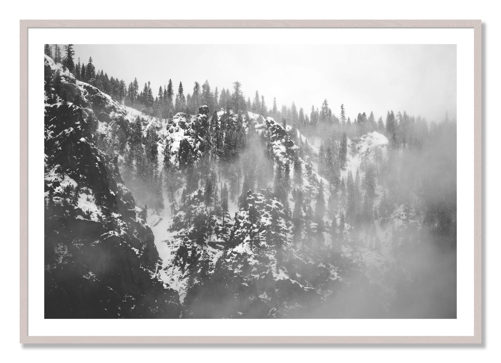 Framed photograph of SIerra Snow by Dylan Ozanich, White Maple frame, Borders