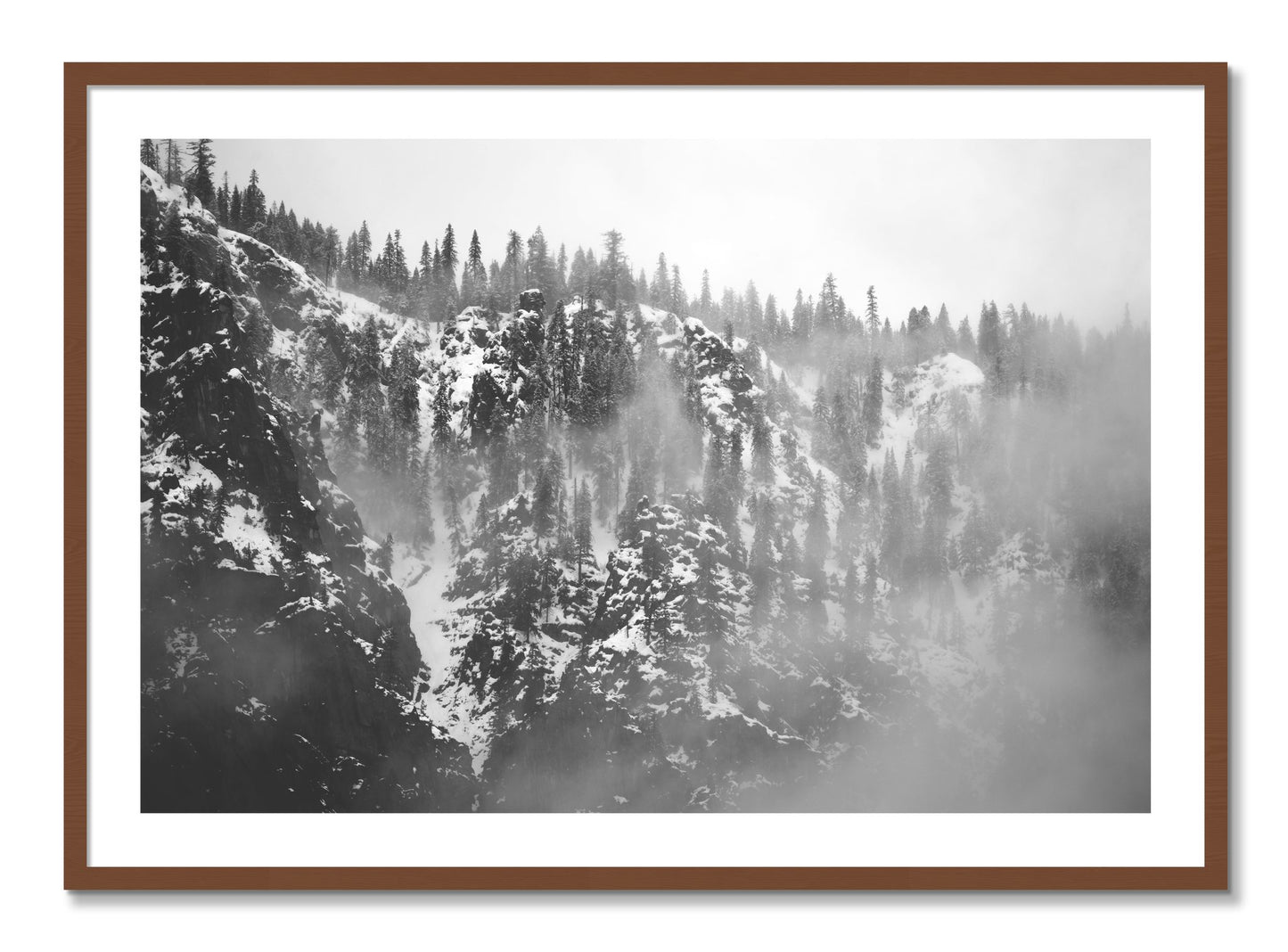Framed photograph of SIerra Snow by Dylan Ozanich, Walnut frame, Borders