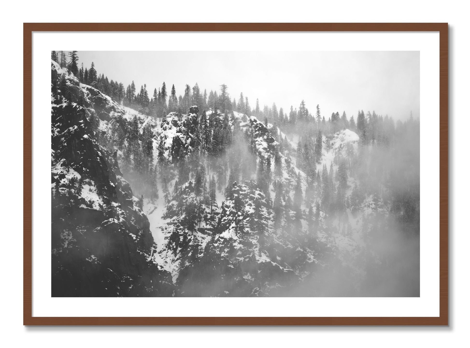Framed photograph of SIerra Snow by Dylan Ozanich, Walnut frame, Borders