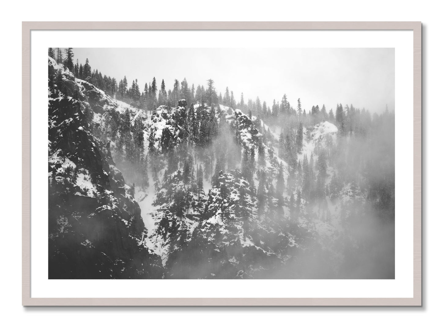 Framed photograph of SIerra Snow by Dylan Ozanich, White Maple frame, Borders