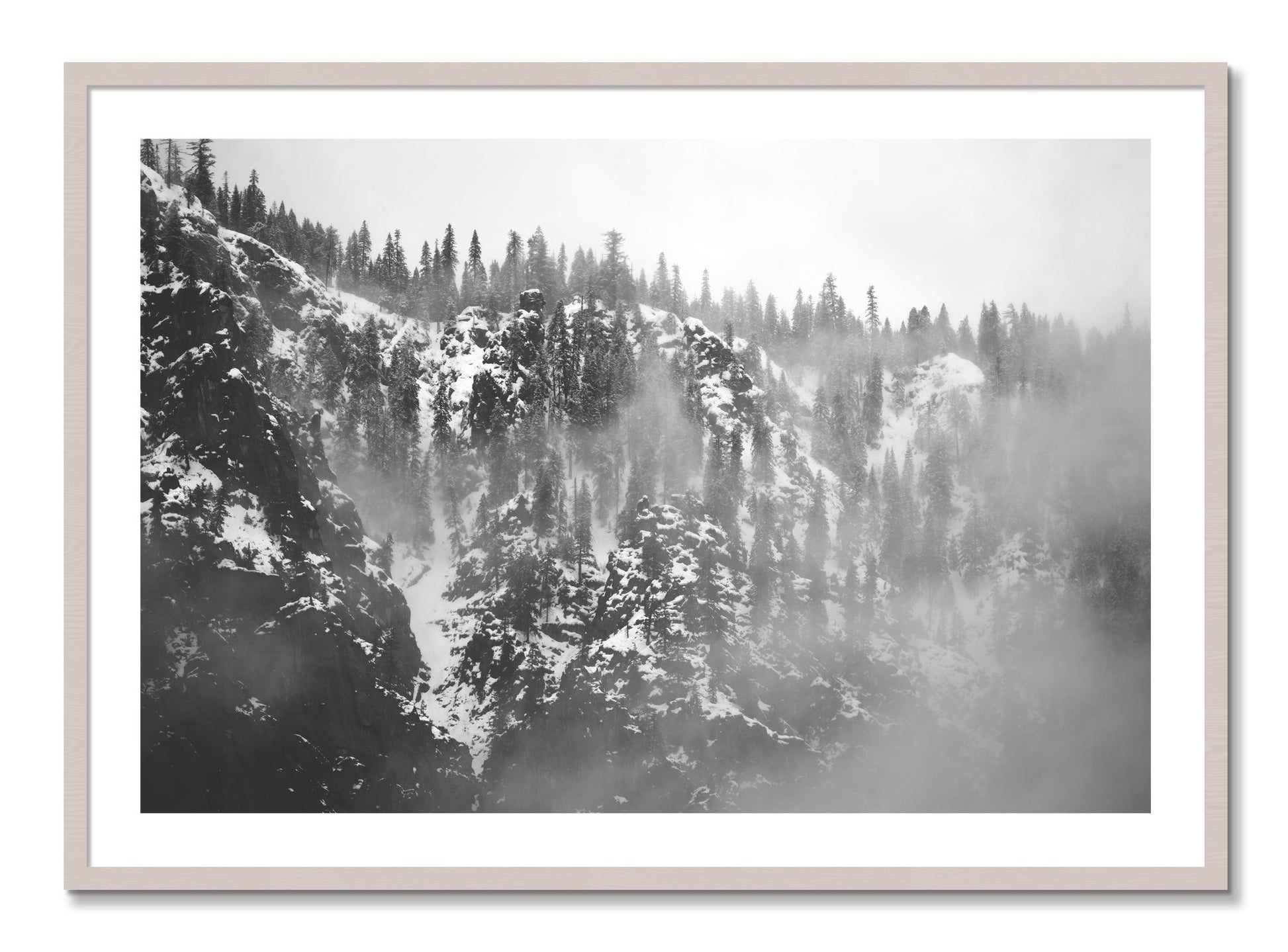 Framed photograph of SIerra Snow by Dylan Ozanich, White Maple frame, Borders