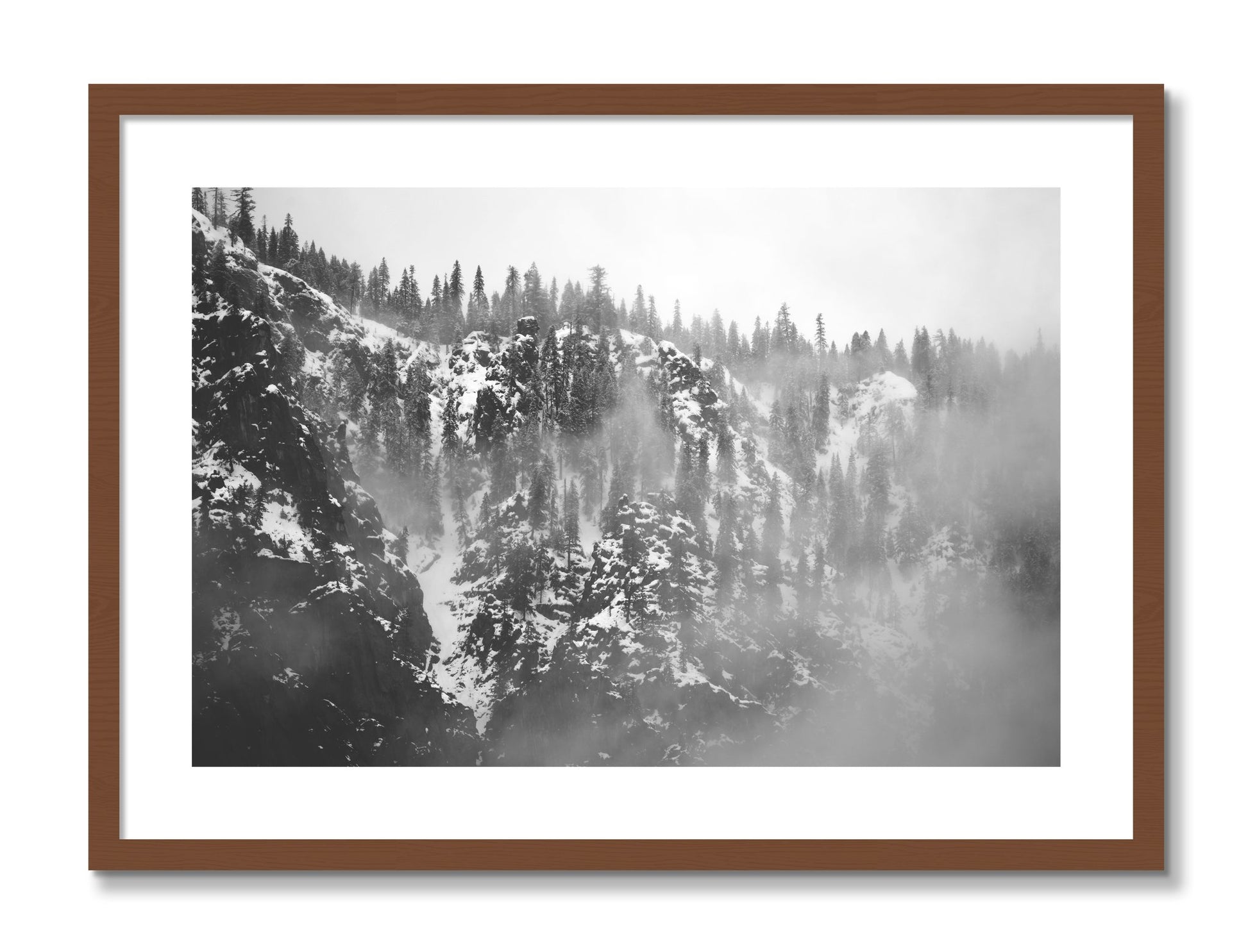 Framed photograph of SIerra Snow by Dylan Ozanich, Walnut frame, Borders