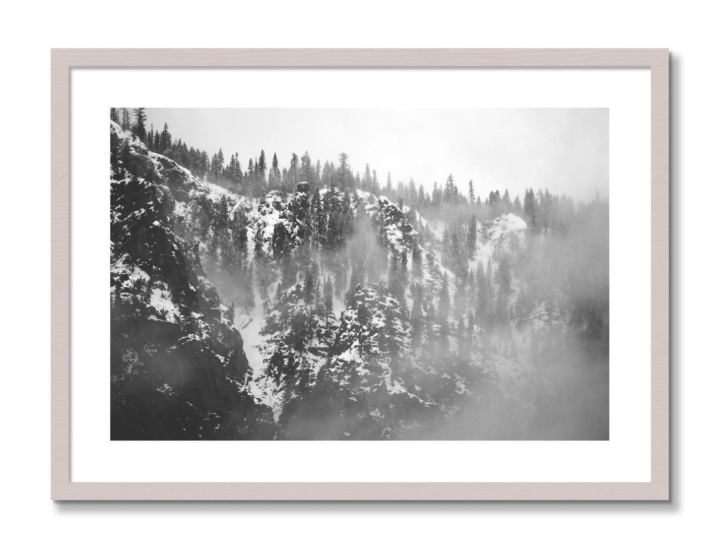 Framed photograph of SIerra Snow by Dylan Ozanich, White Maple frame, Borders