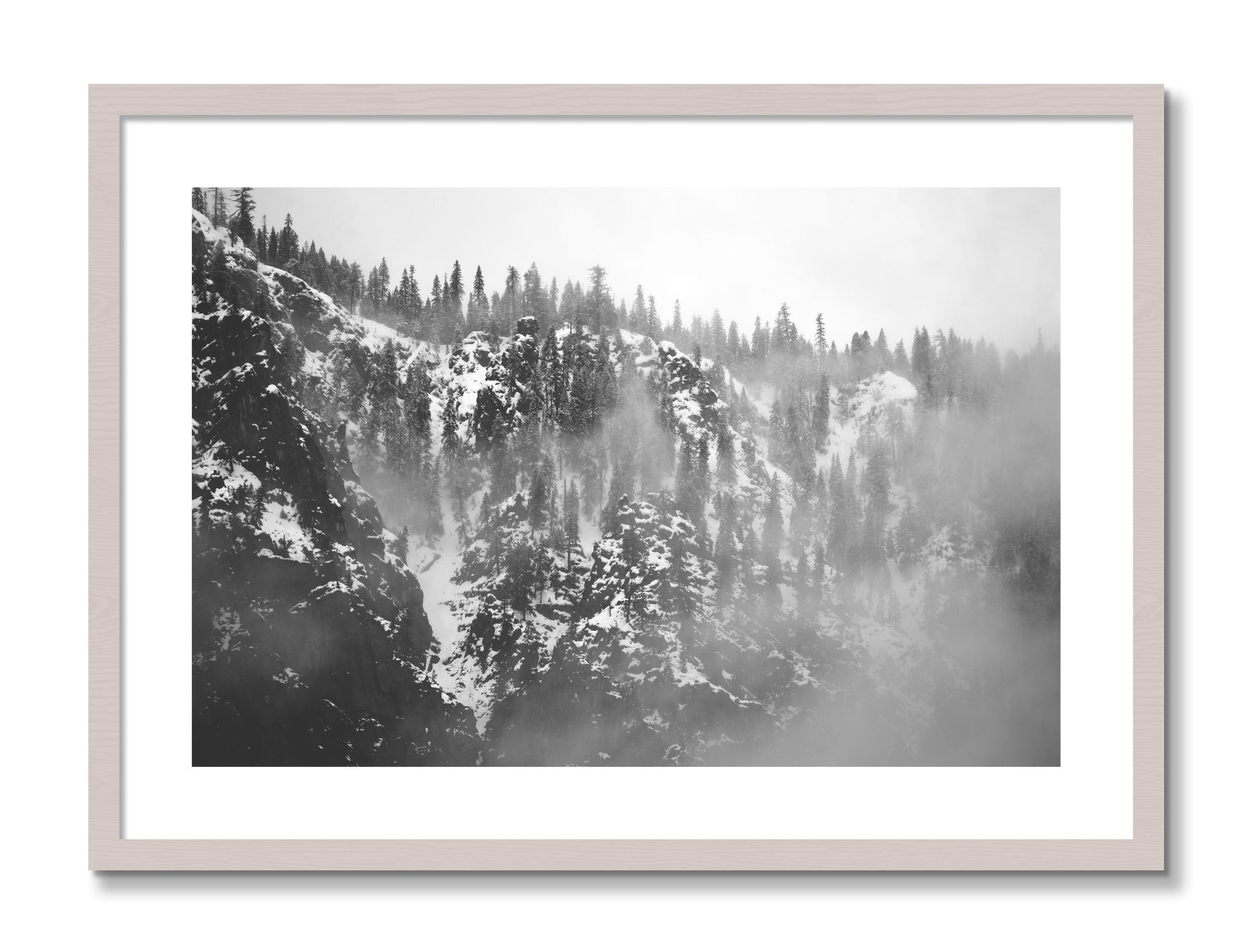 Framed photograph of SIerra Snow by Dylan Ozanich, White Maple frame, Borders