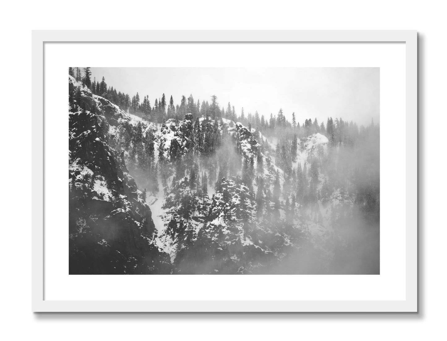 Framed photograph of SIerra Snow by Dylan Ozanich, White frame, Borders