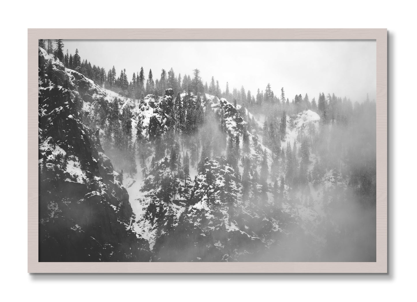 Framed photograph of SIerra Snow by Dylan Ozanich, White Maple frame, Full Bleed