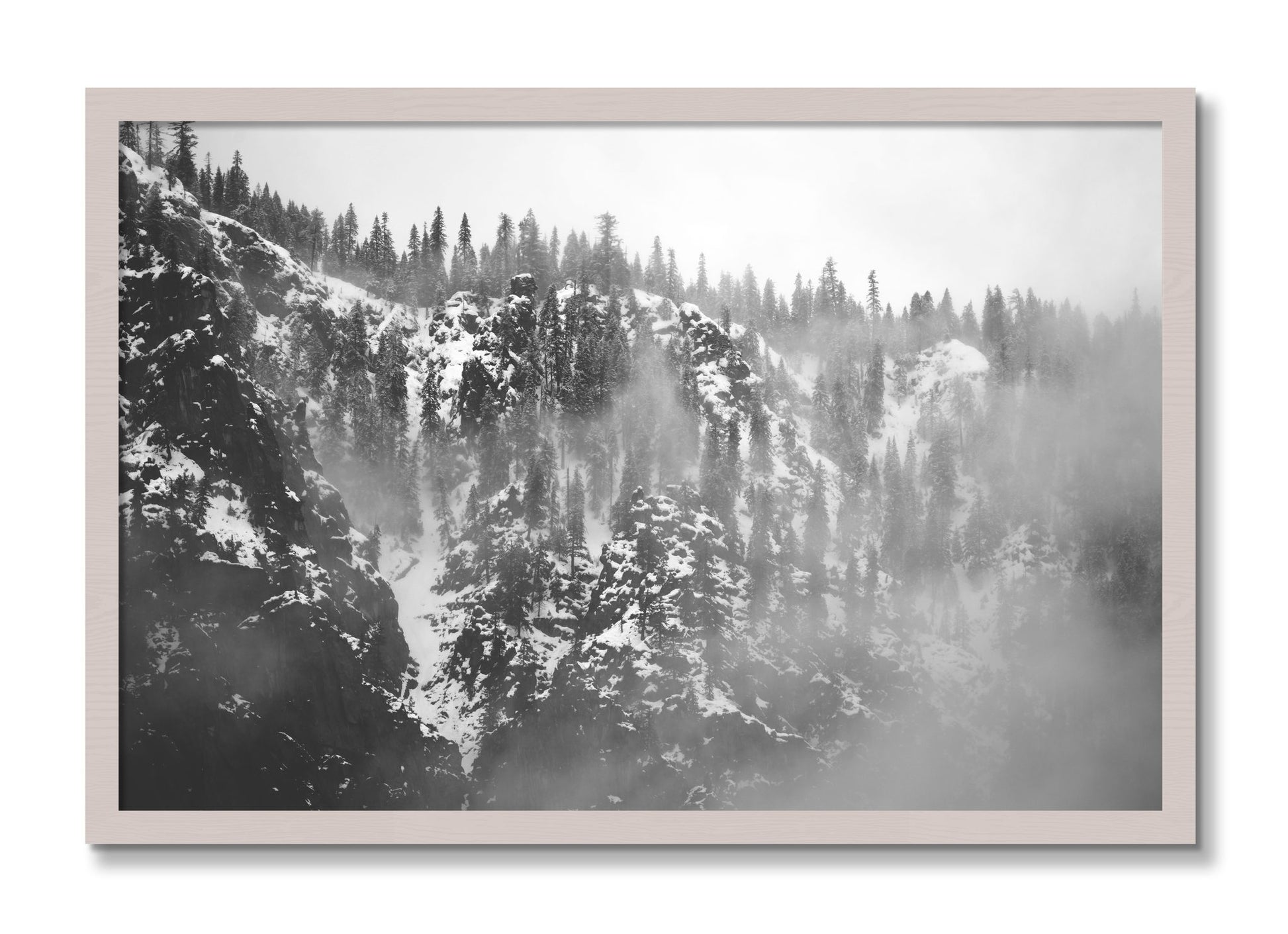 Framed photograph of SIerra Snow by Dylan Ozanich, White Maple frame, Full Bleed