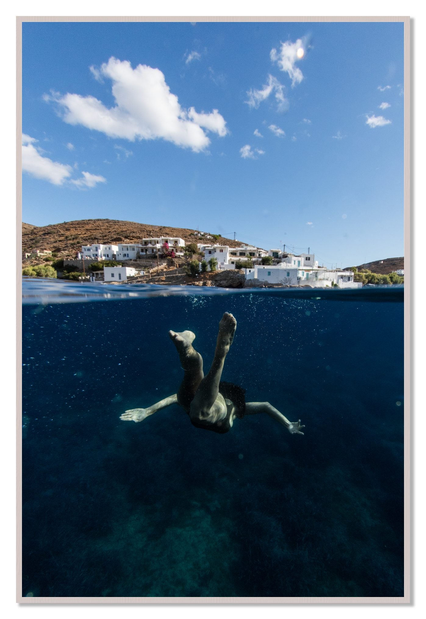 Split Sea by Dylan Ozanich, 48×72 Full Bleed Print in a White Maple frame