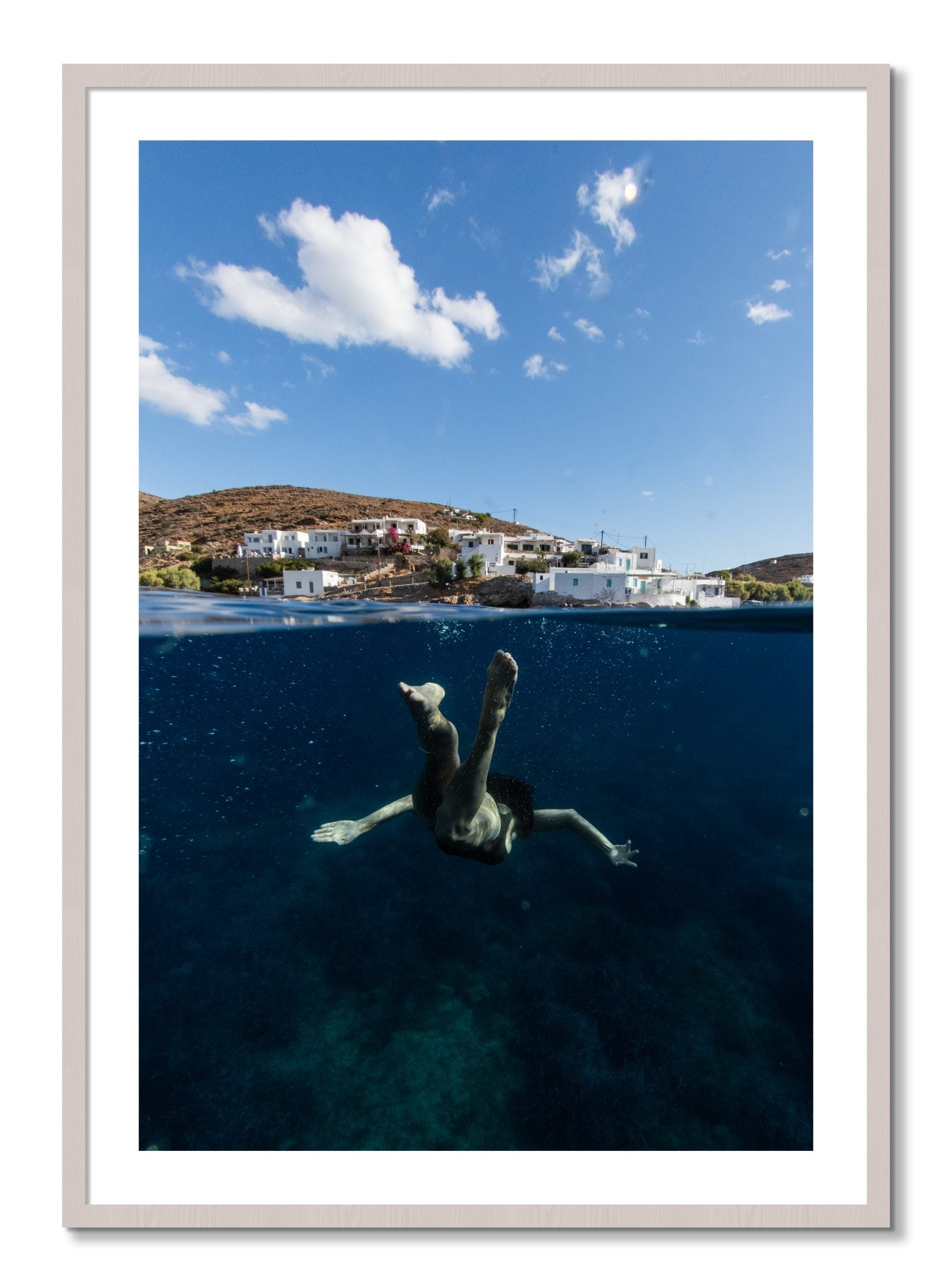 Framed photograph of Split Sea by Dylan Ozanich, White Maple frame, Borders
