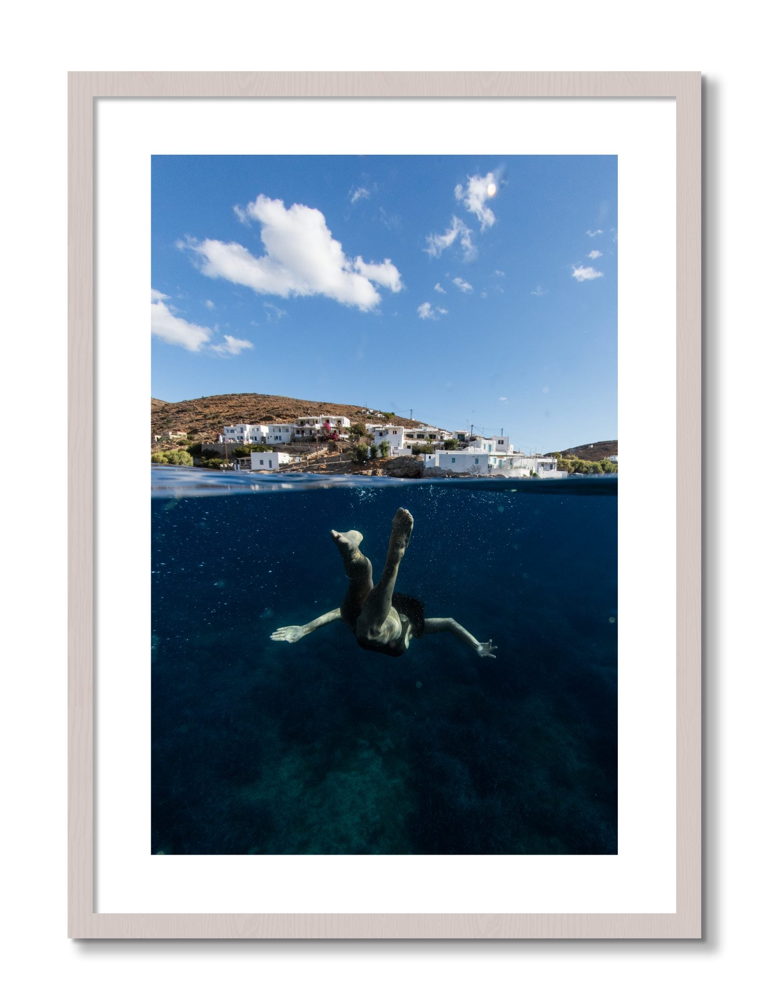 Framed photograph of Split Sea by Dylan Ozanich, White Maple frame, Borders