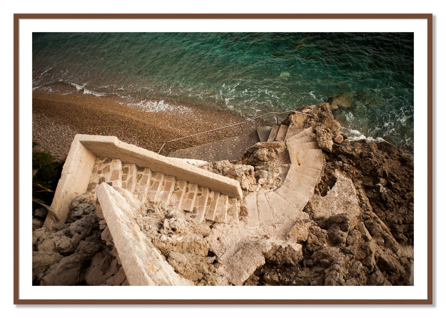 Framed photograph of Stairs From Monaco by Dylan Ozanich, Walnut frame, Borders