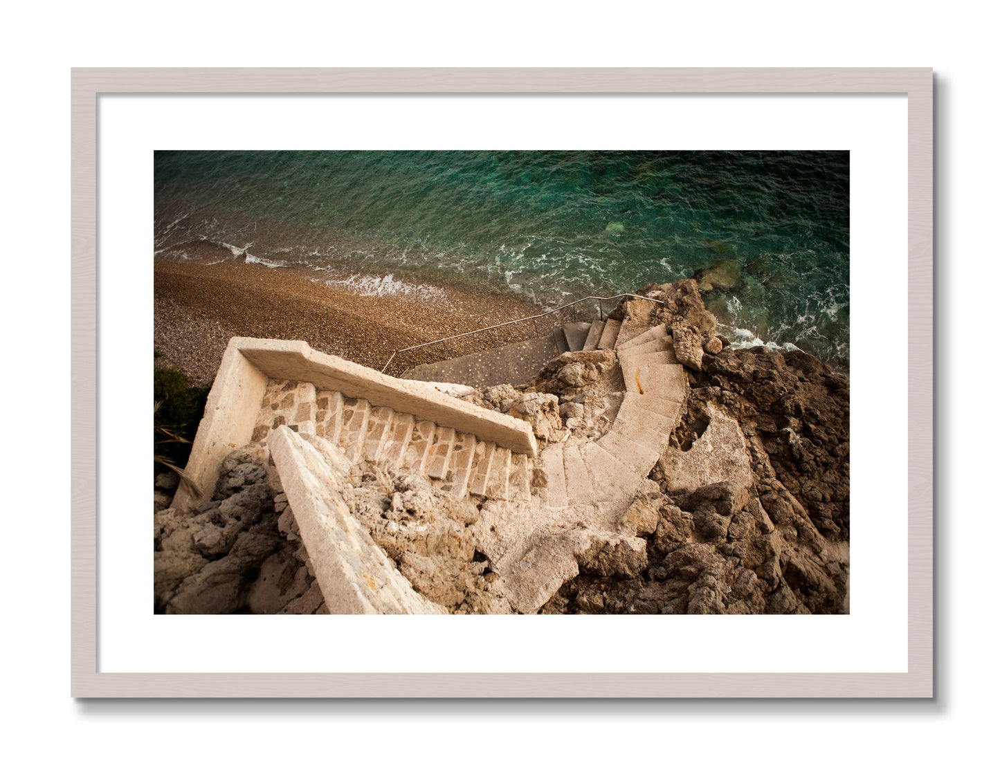 Framed photograph of Stairs From Monaco by Dylan Ozanich, White Maple frame, Borders