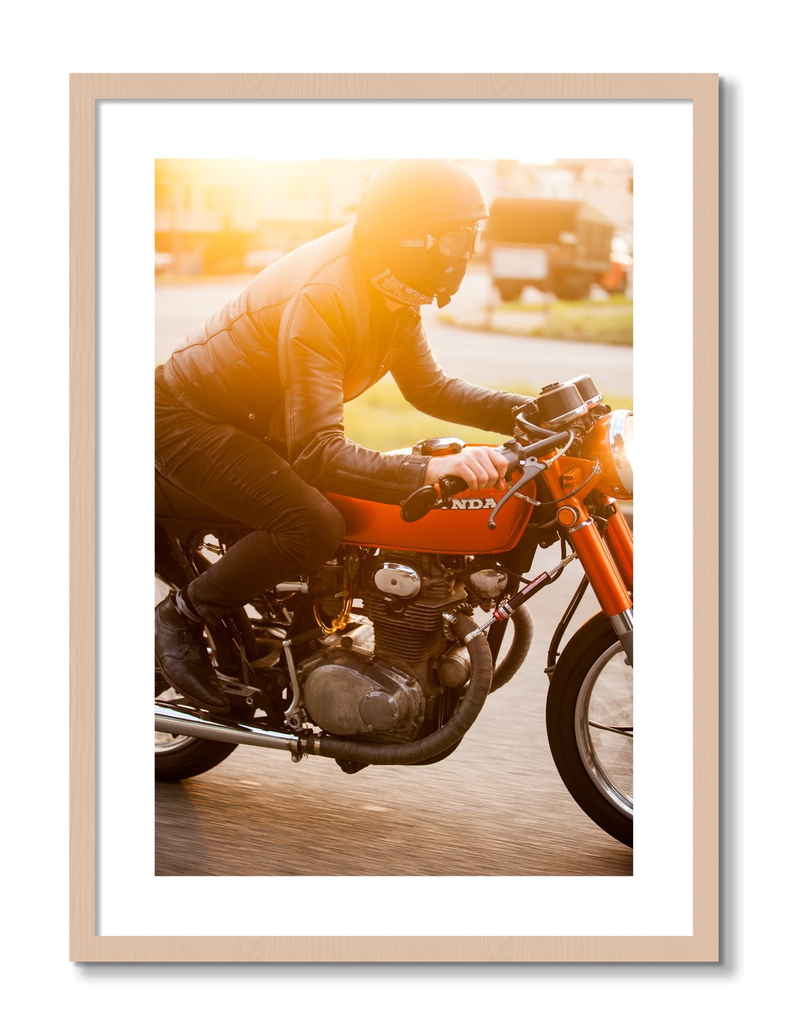 Framed photograph of Sunset Ave Spree by Dylan Ozanich, Maple frame, Borders