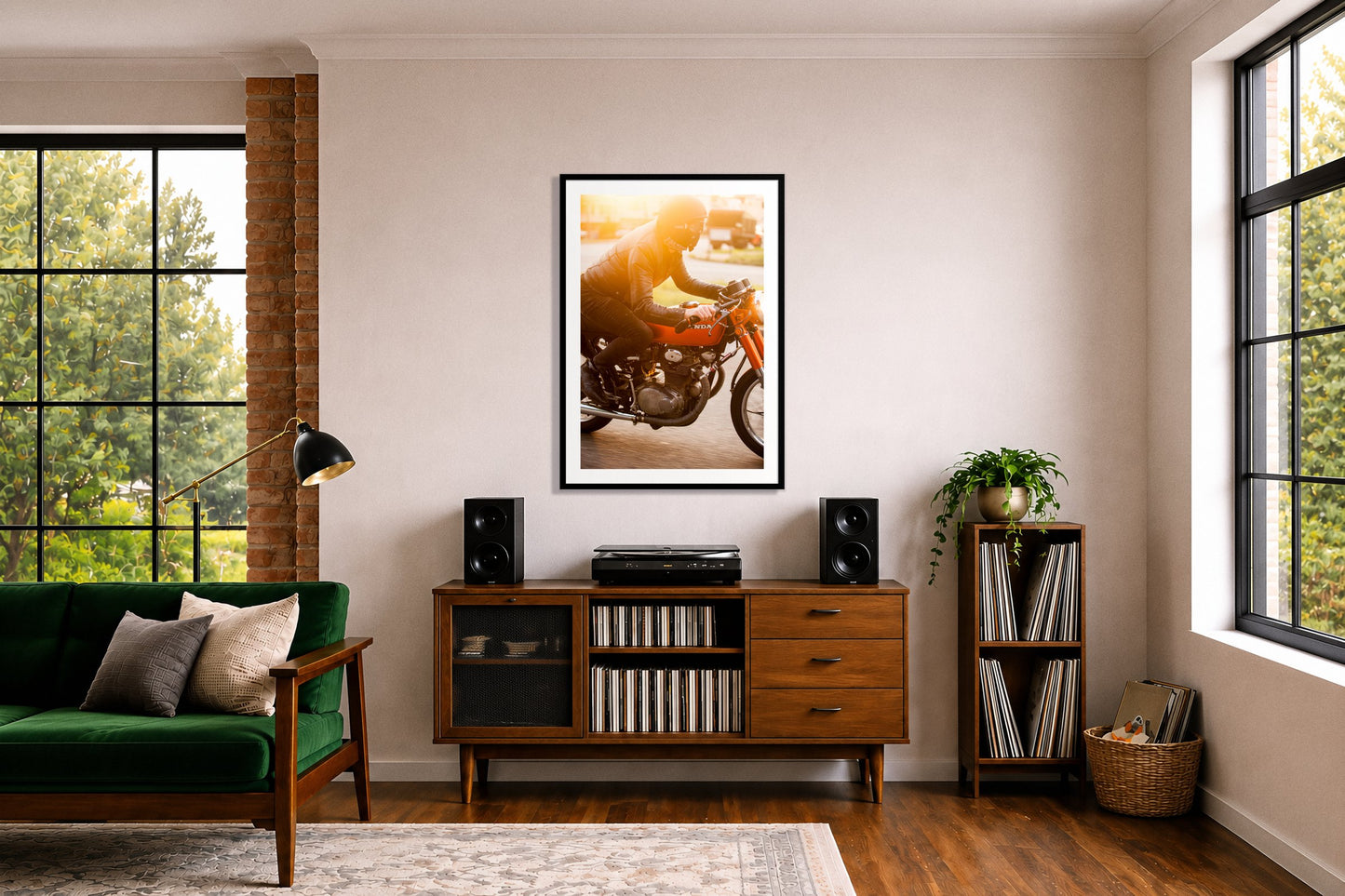 Sunset Ave Spree by Dylan Ozanich in a Black frame, above a record credenza in a listening room with a green velvet sofa