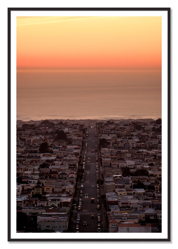 Sunset Streets by Dylan Ozanich, 48×72 print with a White Border in a Black Walnut frame