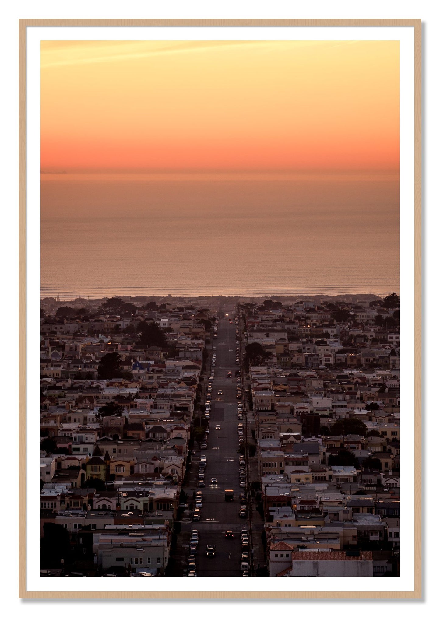 Sunset Streets by Dylan Ozanich, 48×72 print with a White Border in an Oak frame