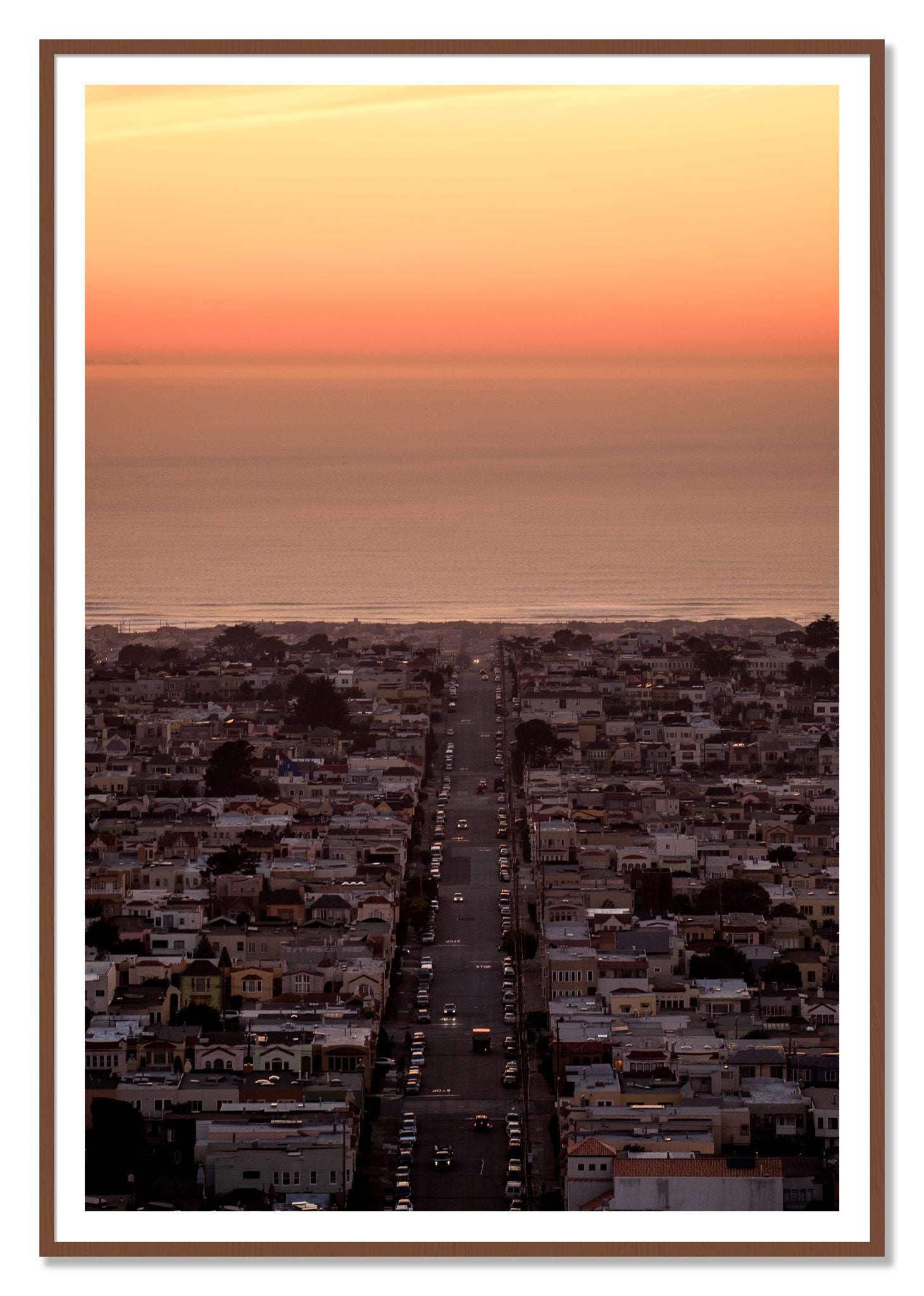 Sunset Streets by Dylan Ozanich, 48×72 print with a White Border in a Walnut frame