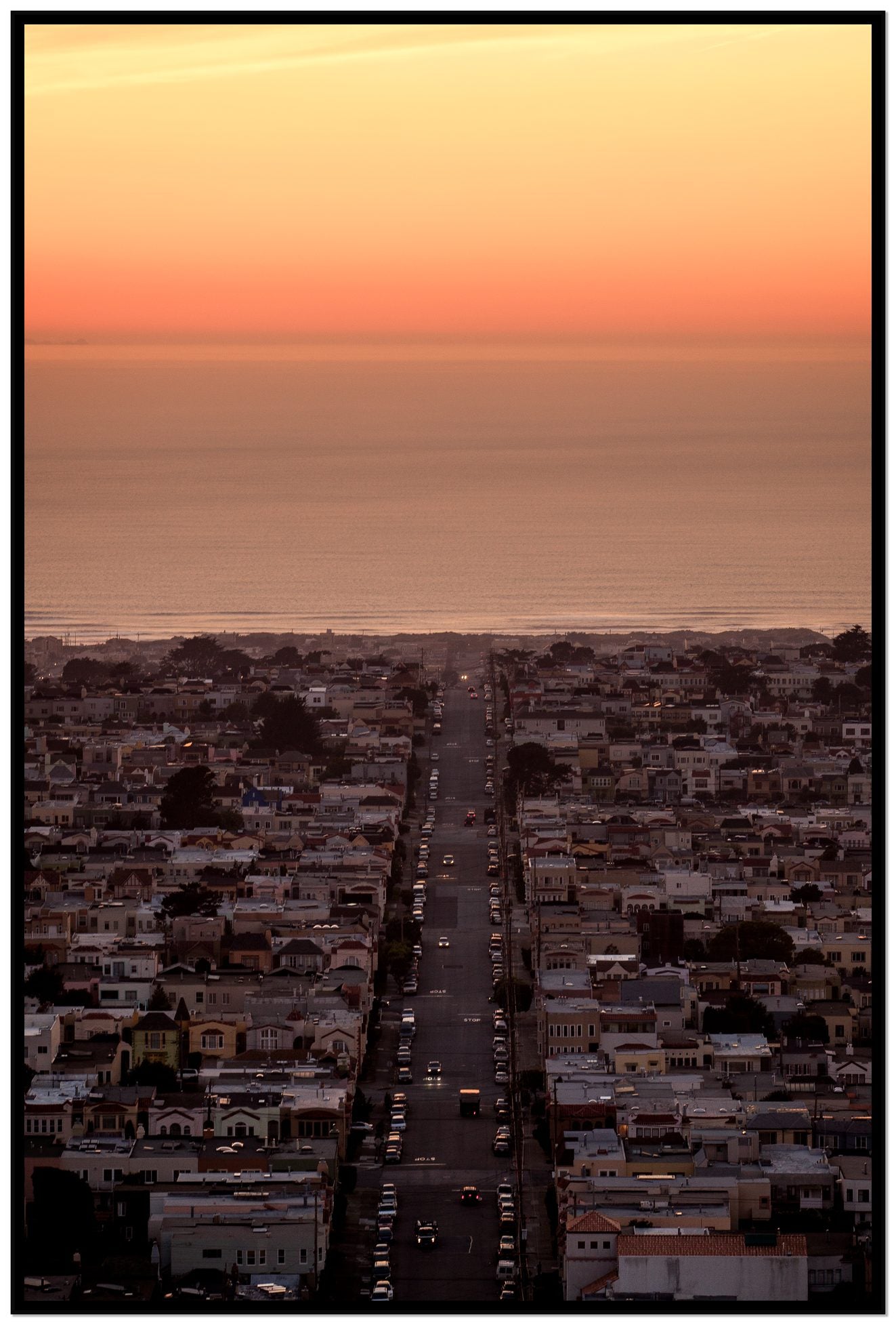 Sunset Streets by Dylan Ozanich, 48×72 Full Bleed Print in a Black frame