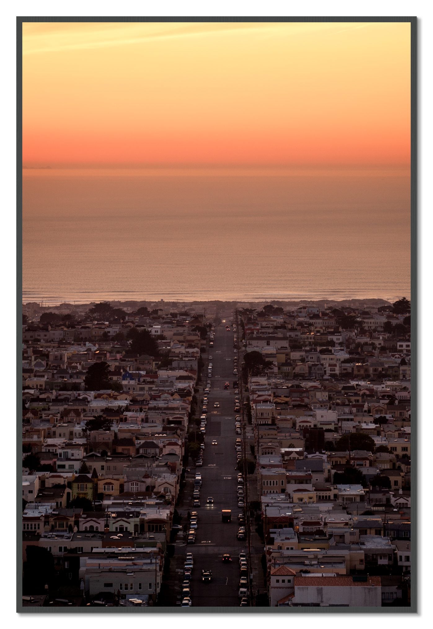 Sunset Streets by Dylan Ozanich, 48×72 Full Bleed Print in a Grey frame