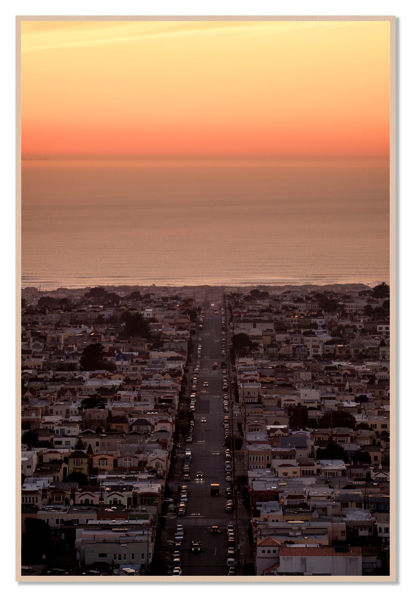 Sunset Streets by Dylan Ozanich, 48×72 Full Bleed Print in a Maple frame