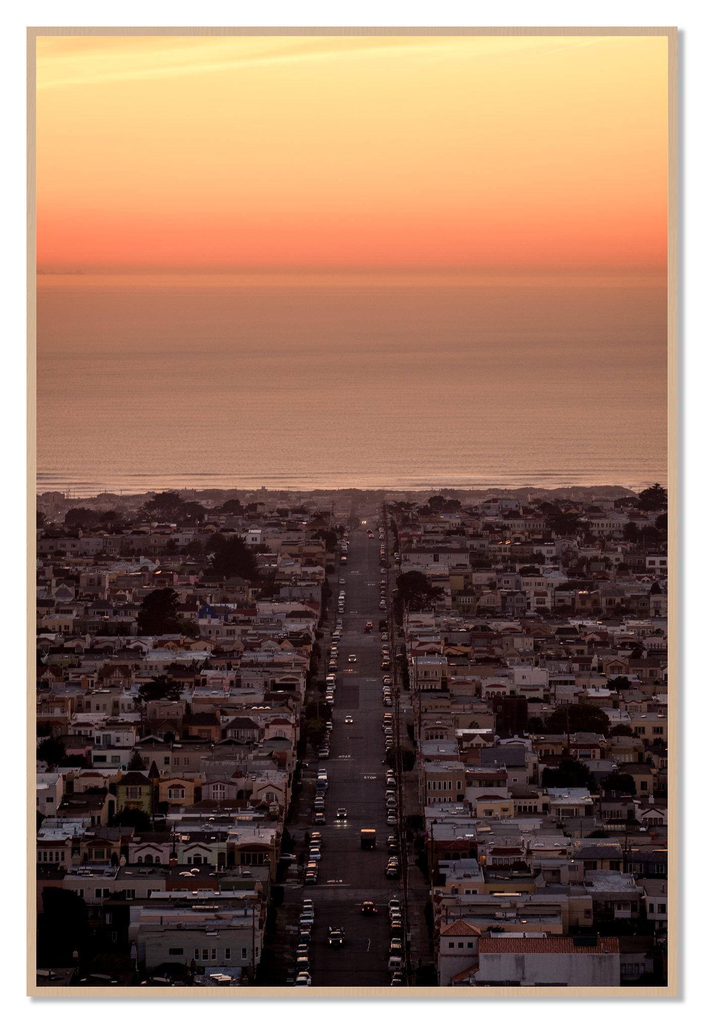 Sunset Streets by Dylan Ozanich, 48×72 Full Bleed Print in an Oak frame
