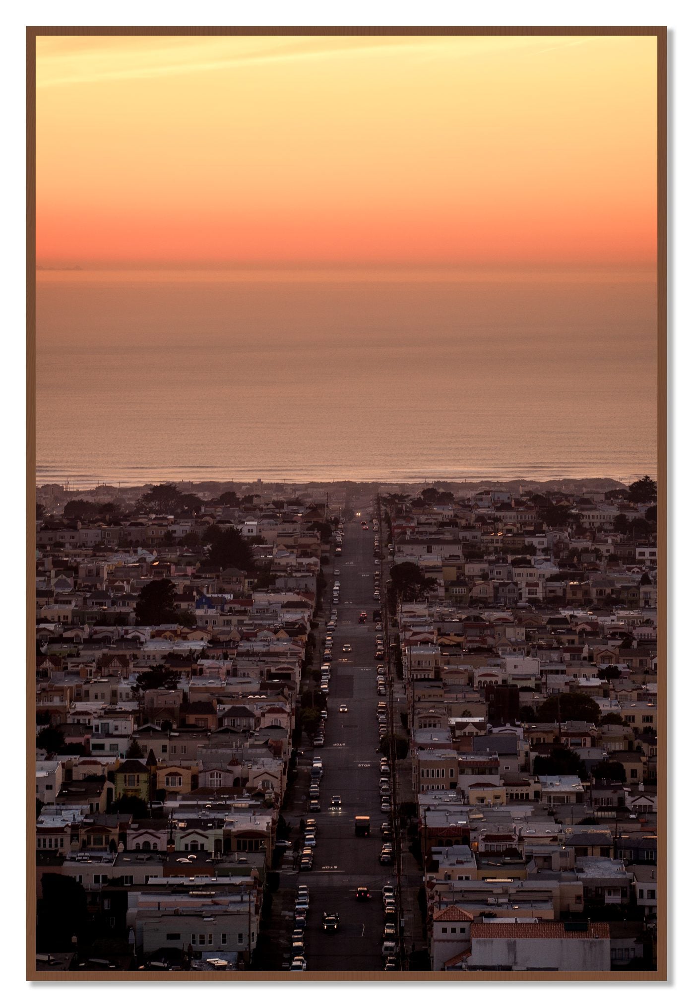 Sunset Streets by Dylan Ozanich, 48×72 Full Bleed Print in a Walnut frame