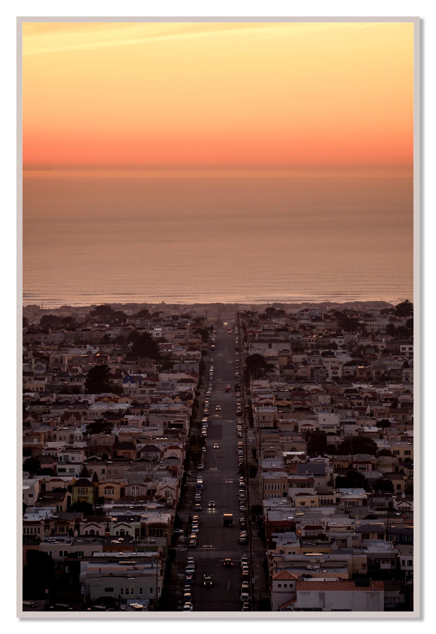 Sunset Streets by Dylan Ozanich, 48×72 Full Bleed Print in a White Maple frame