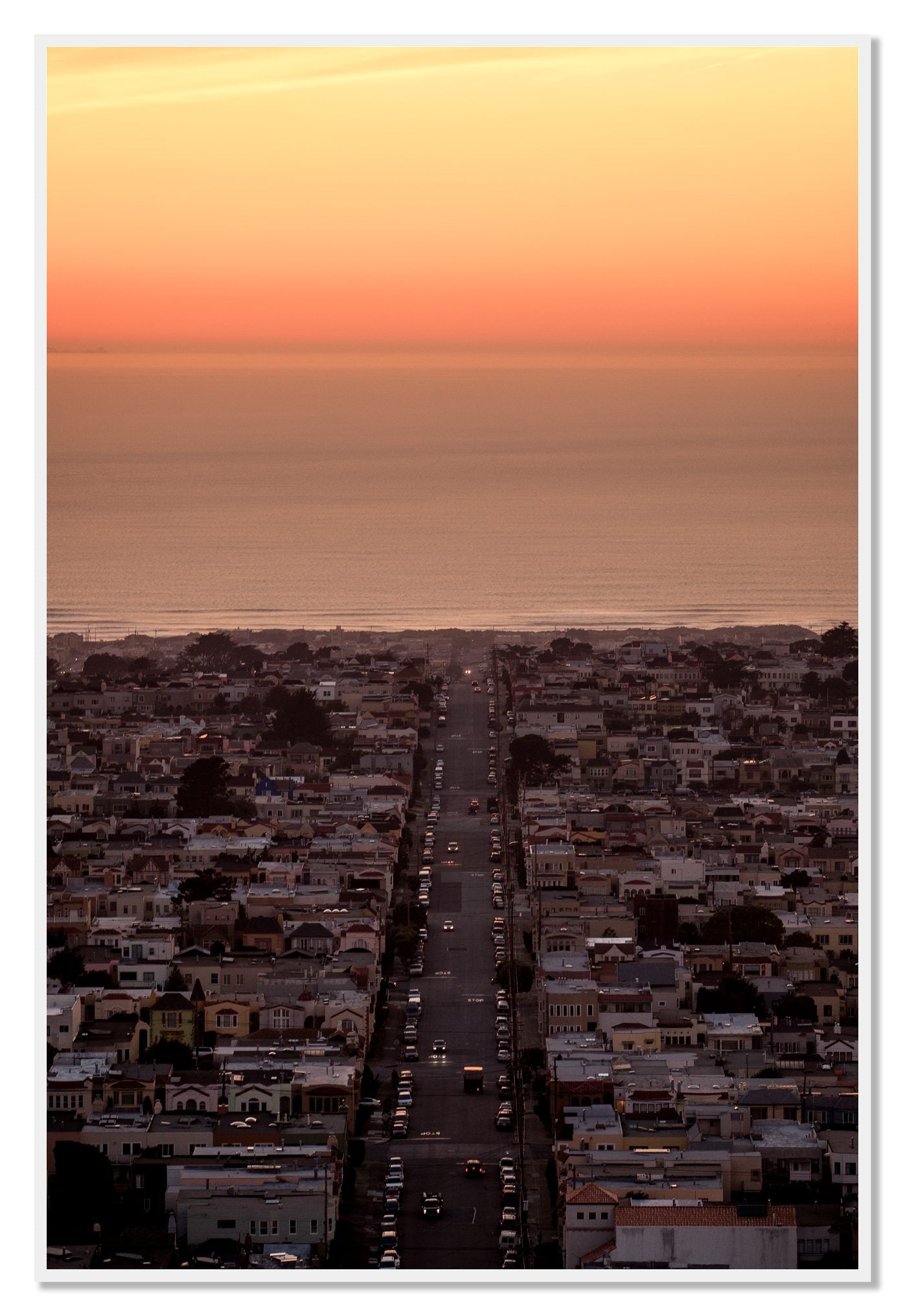 Sunset Streets by Dylan Ozanich, 48×72 Full Bleed Print in a White frame