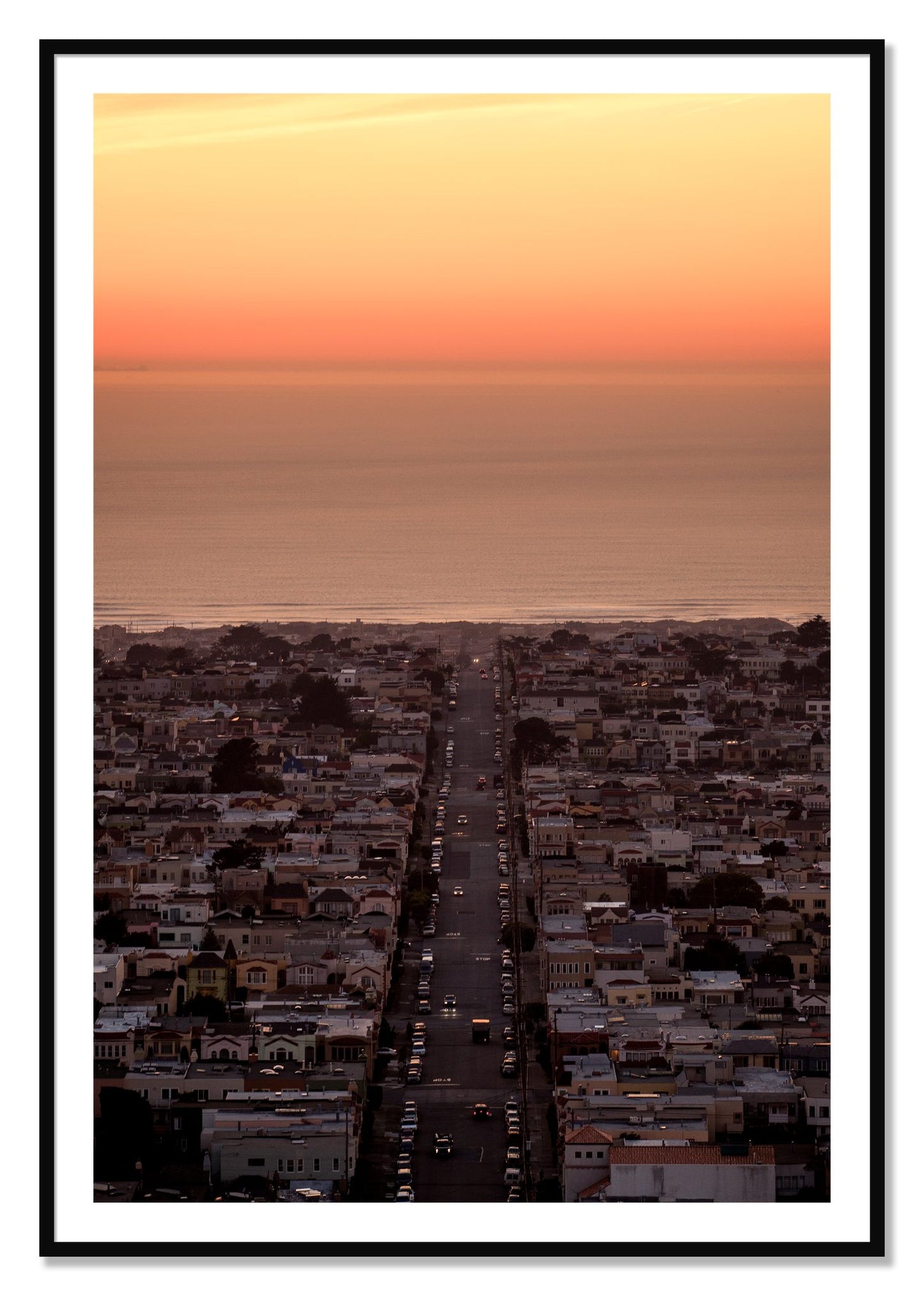 Framed photograph of Sunset Streets by Dylan Ozanich, Black frame, Borders