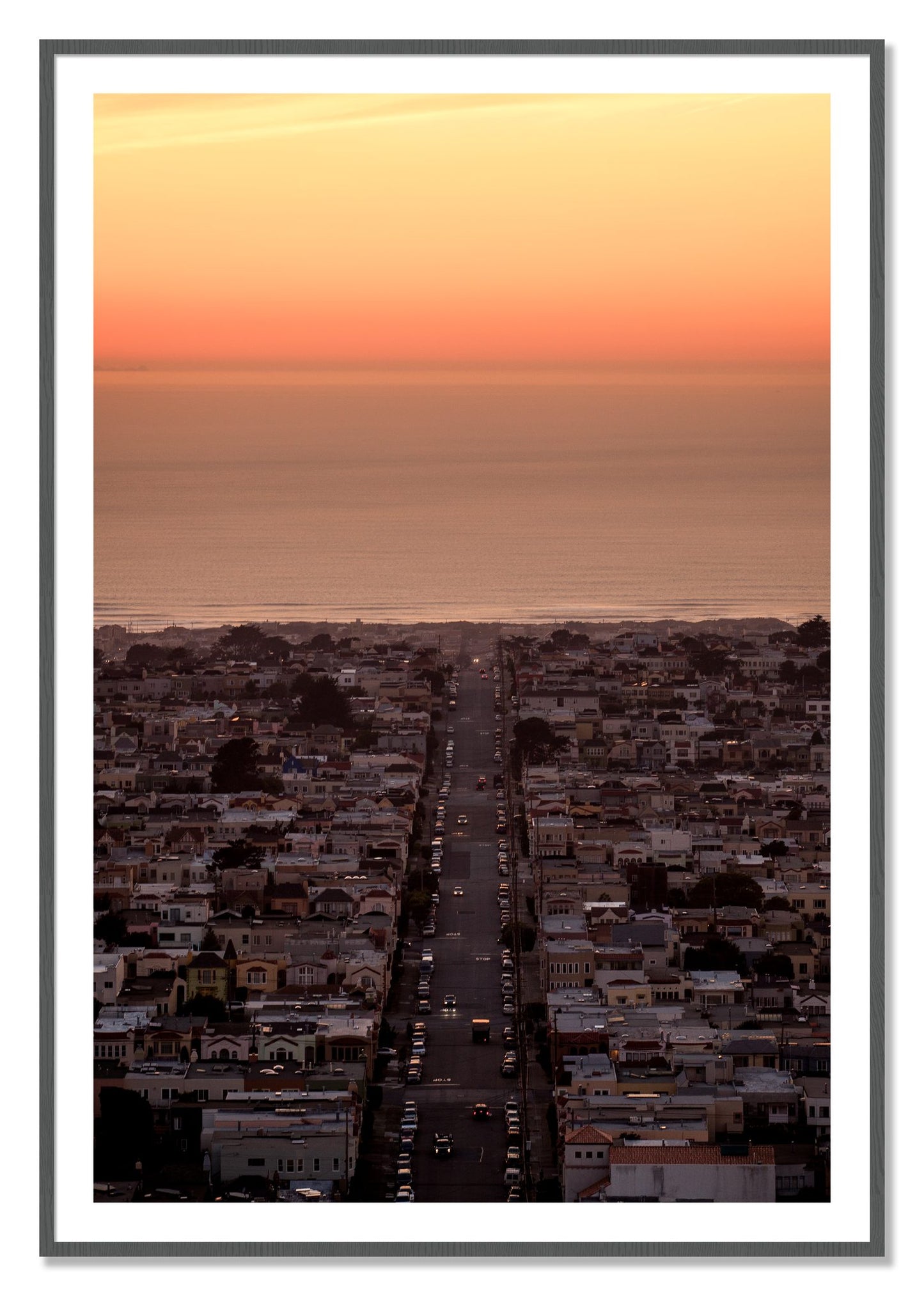 Framed photograph of Sunset Streets by Dylan Ozanich, Grey frame, Borders