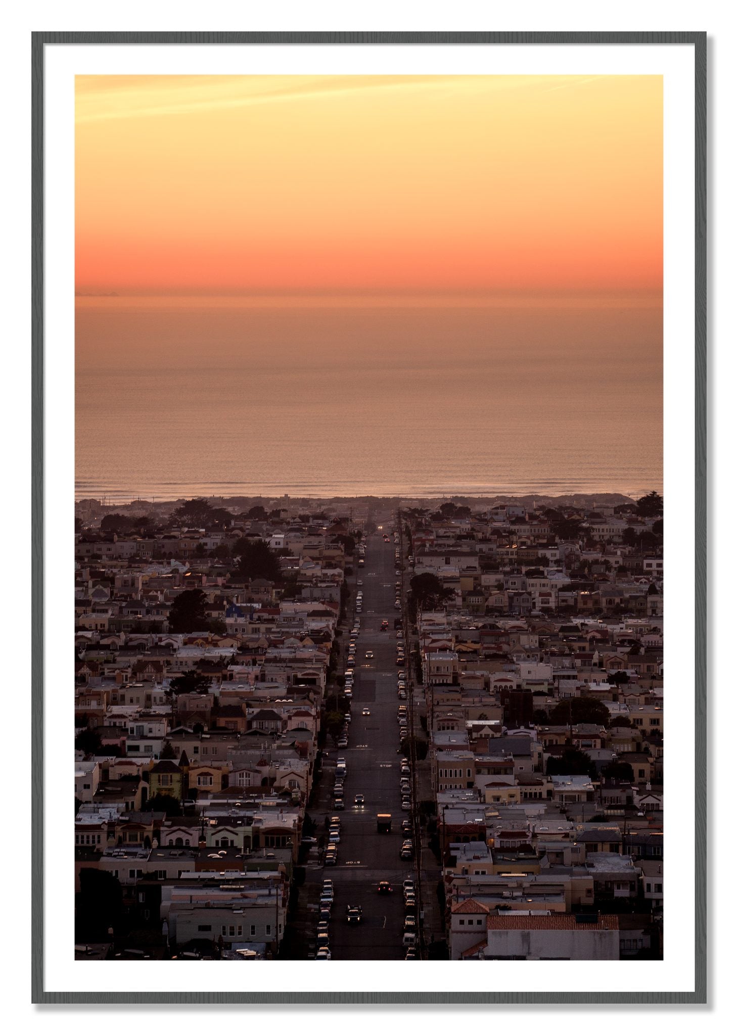 Framed photograph of Sunset Streets by Dylan Ozanich, Grey frame, Borders