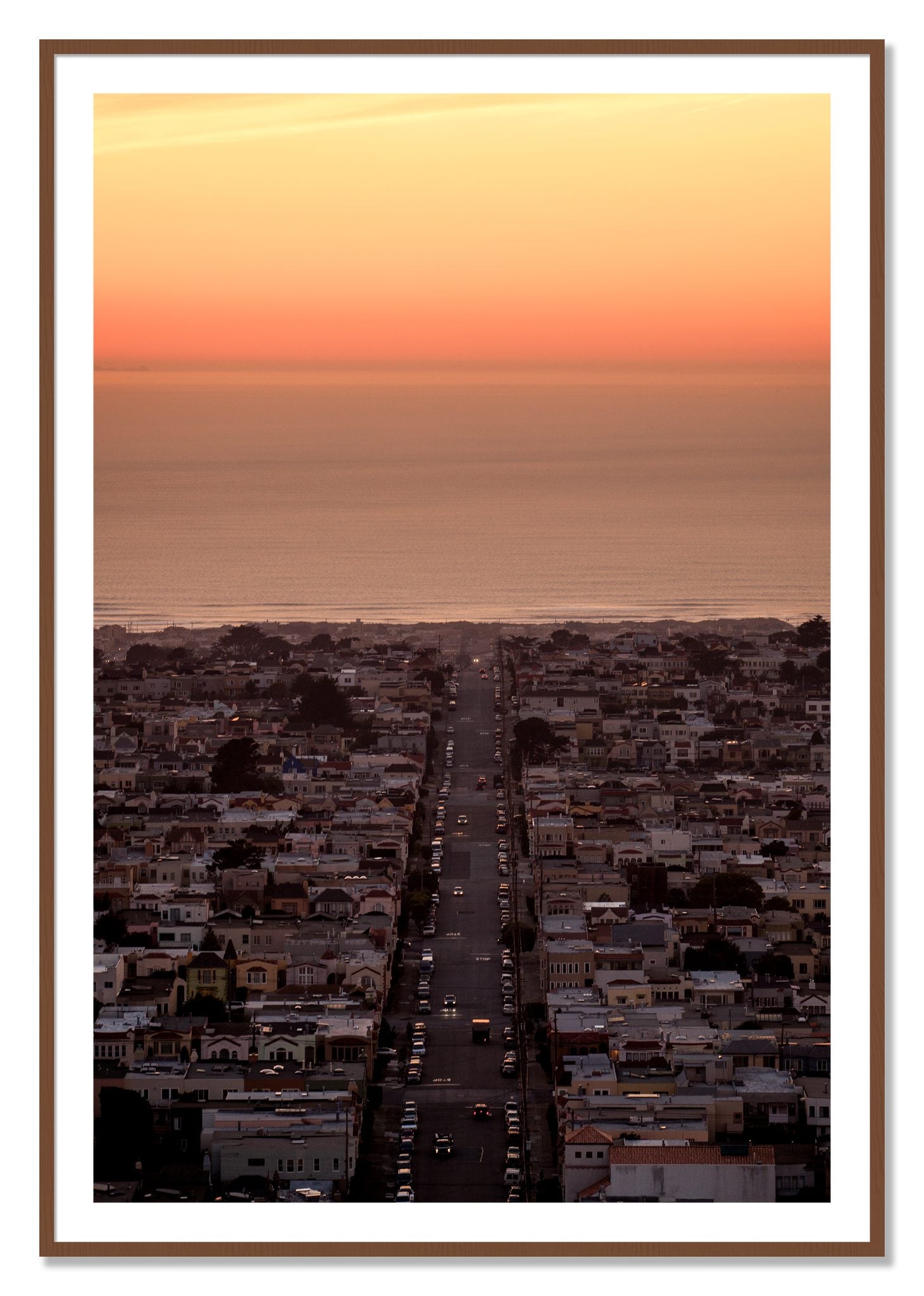 Framed photograph of Sunset Streets by Dylan Ozanich, Walnut frame, Borders