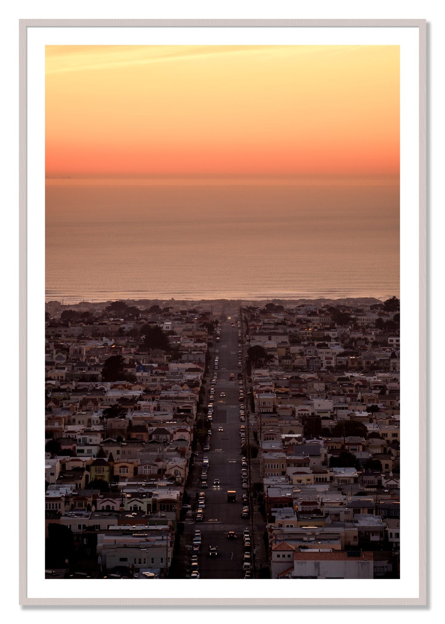 Framed photograph of Sunset Streets by Dylan Ozanich, White Maple frame, Borders