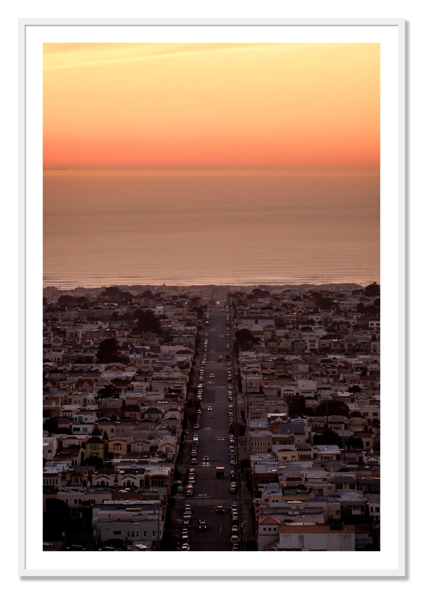 Framed photograph of Sunset Streets by Dylan Ozanich, White frame, Borders