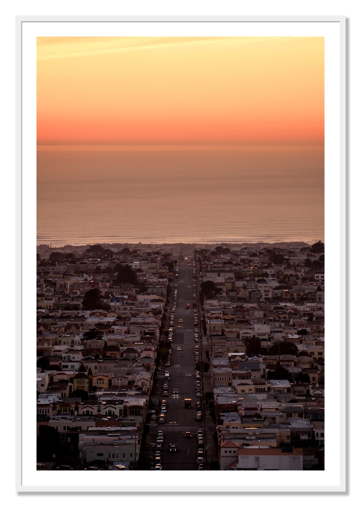 Framed photograph of Sunset Streets by Dylan Ozanich, White frame, Borders