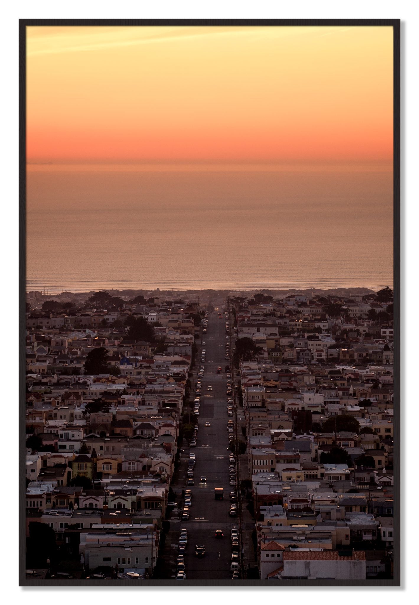 Framed photograph of Sunset Streets by Dylan Ozanich, Black Walnut frame, Full Bleed