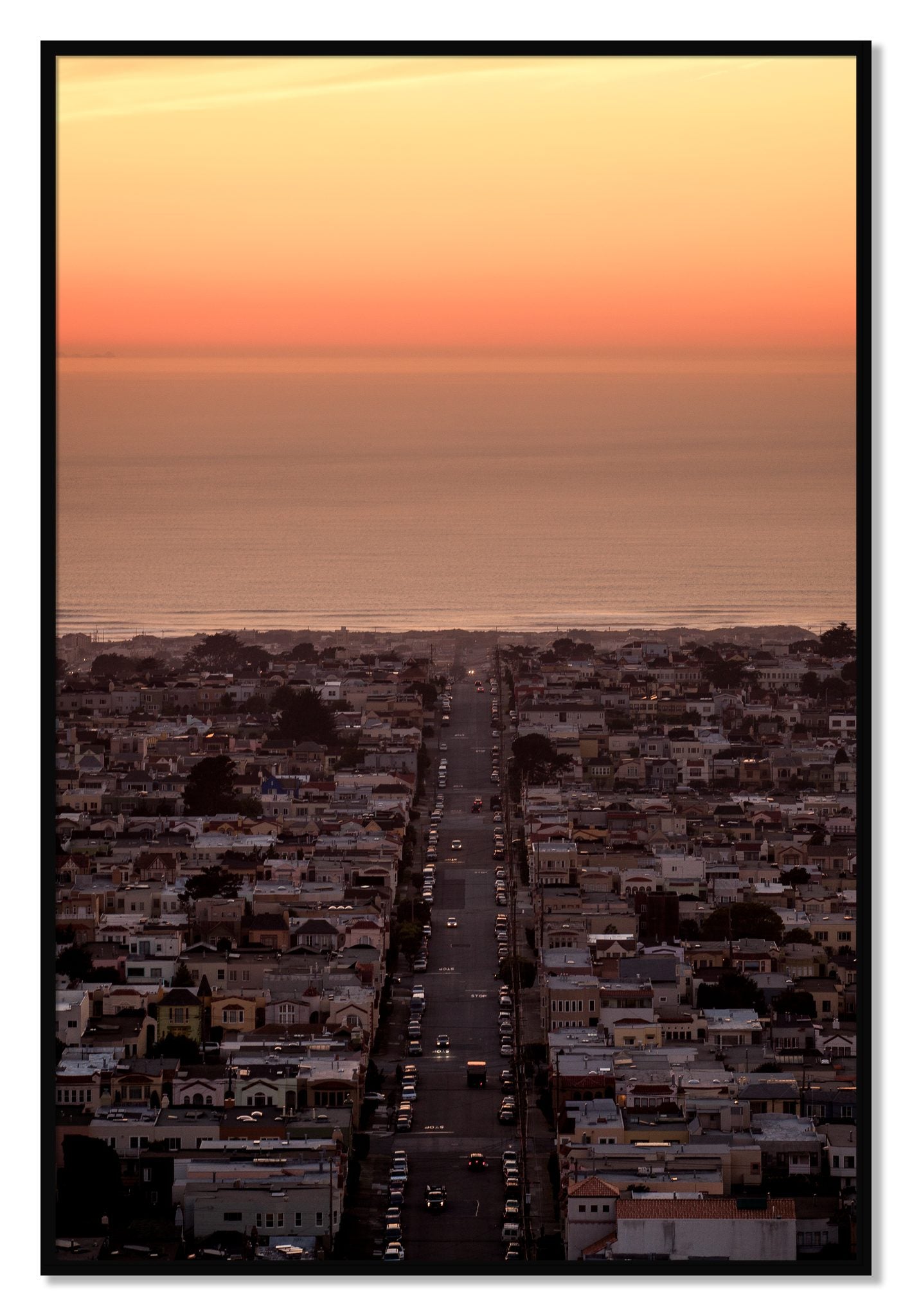 Framed photograph of Sunset Streets by Dylan Ozanich, Black frame, Full Bleed