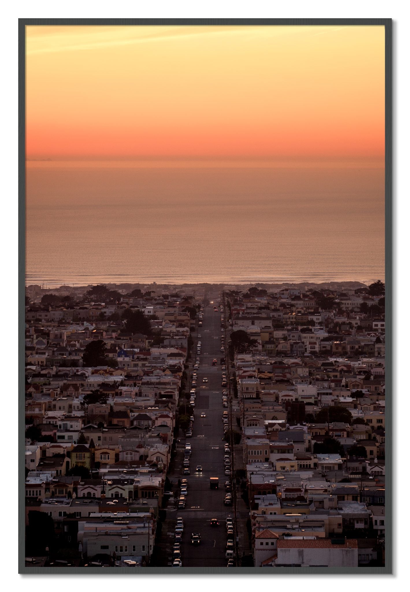 Framed photograph of Sunset Streets by Dylan Ozanich, Grey frame, Full Bleed