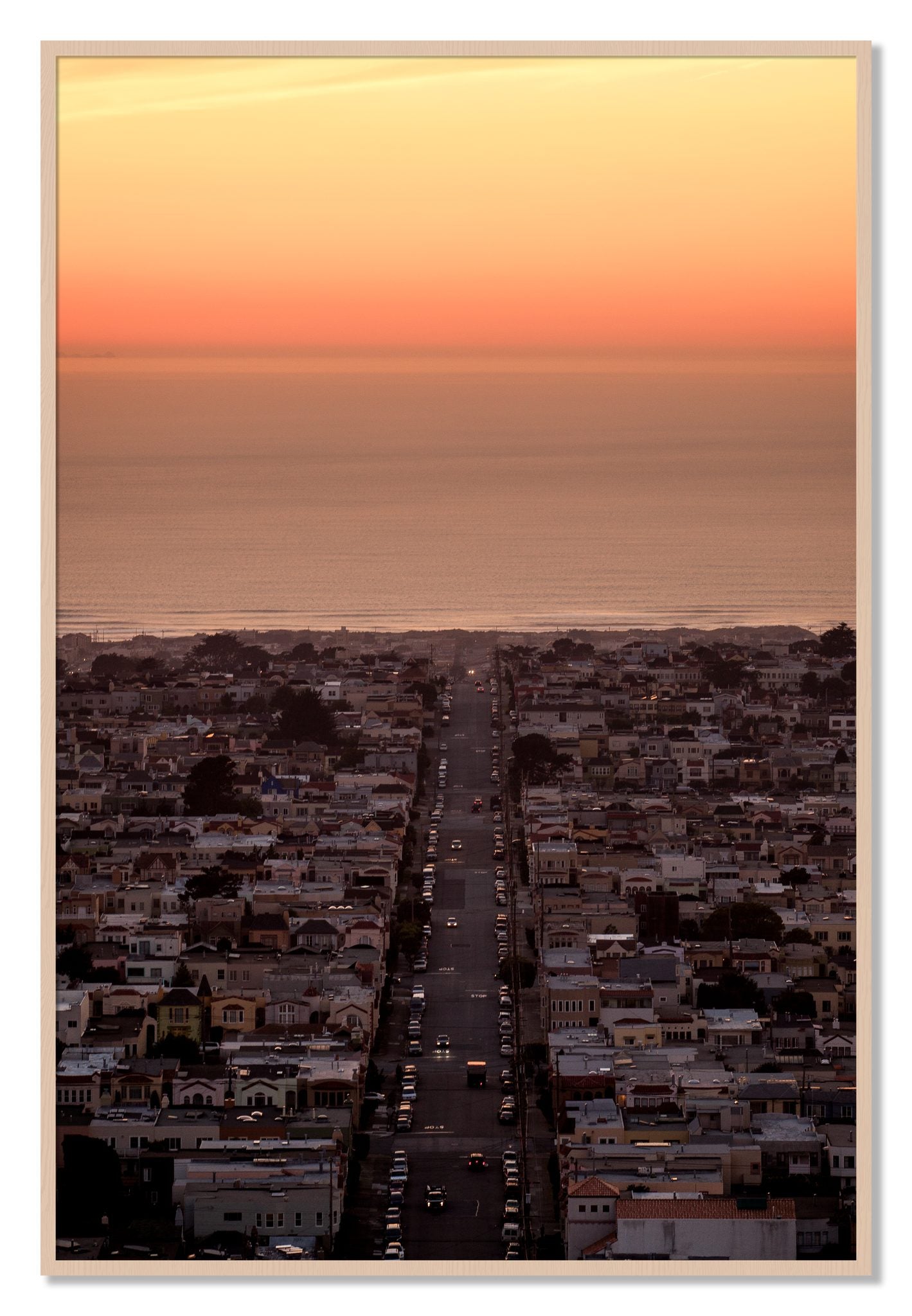 Framed photograph of Sunset Streets by Dylan Ozanich, Maple frame, Full Bleed