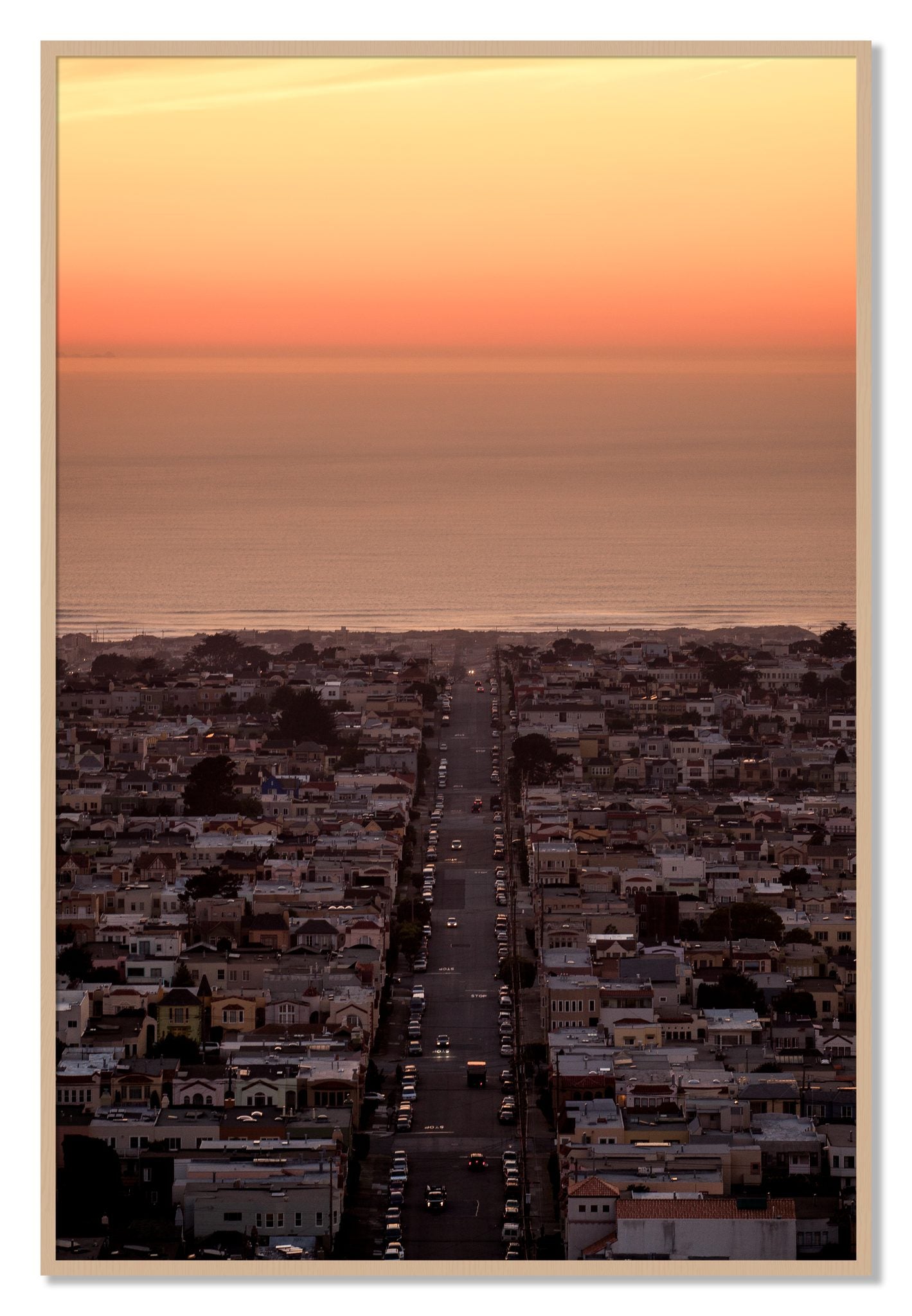 Framed photograph of Sunset Streets by Dylan Ozanich, Oak frame, Full Bleed