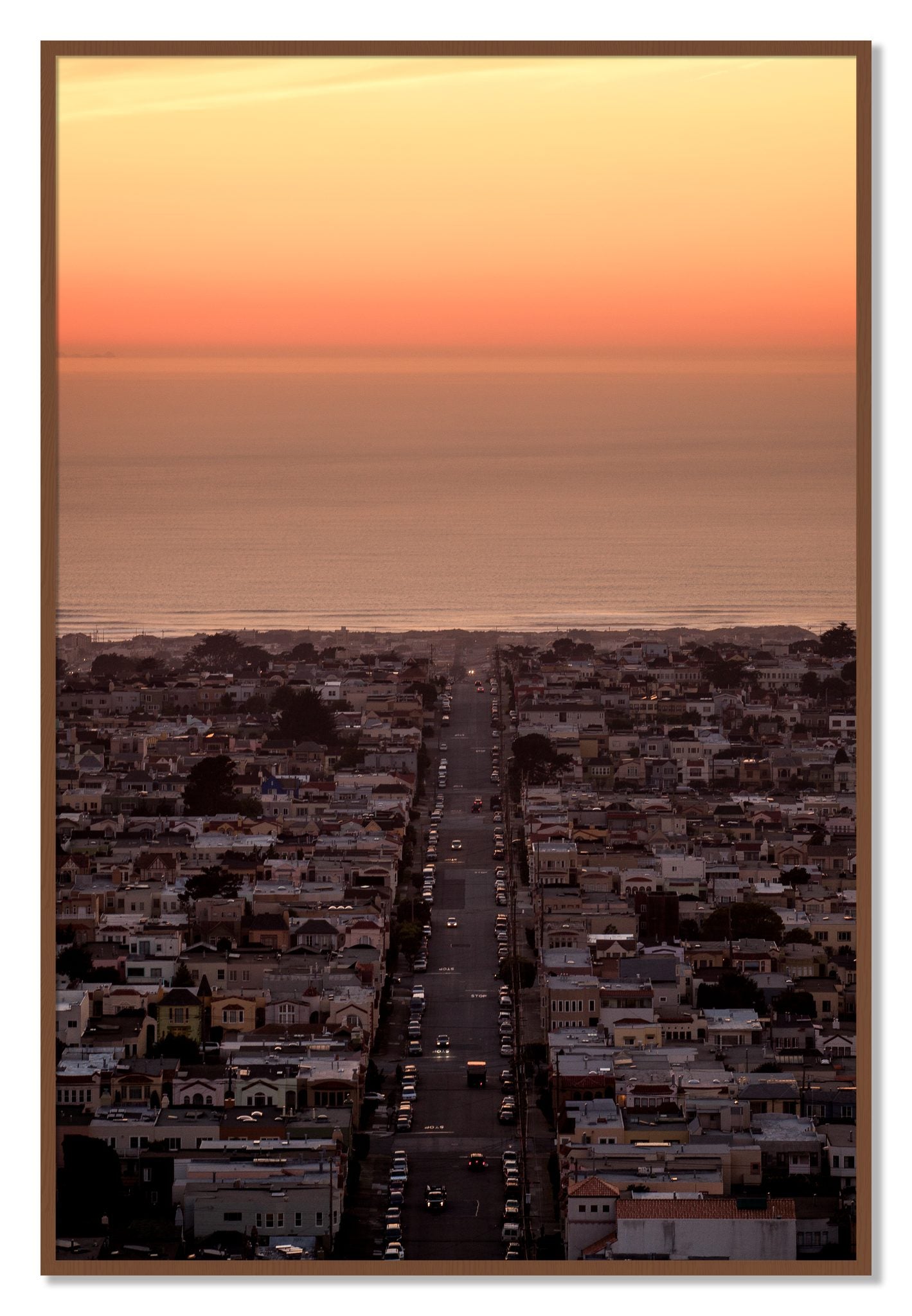 Framed photograph of Sunset Streets by Dylan Ozanich, Walnut frame, Full Bleed