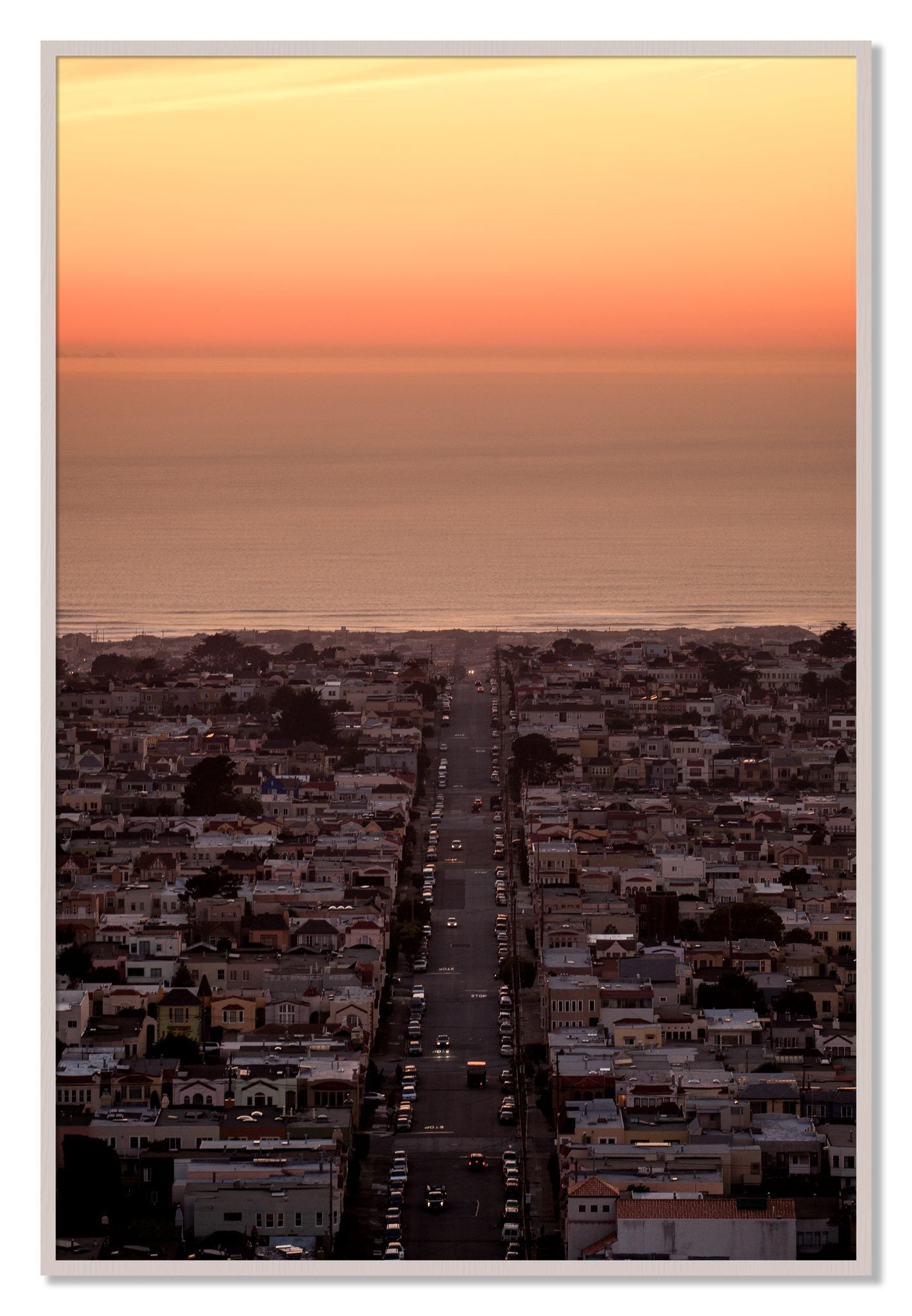 Framed photograph of Sunset Streets by Dylan Ozanich, White Maple frame, Full Bleed