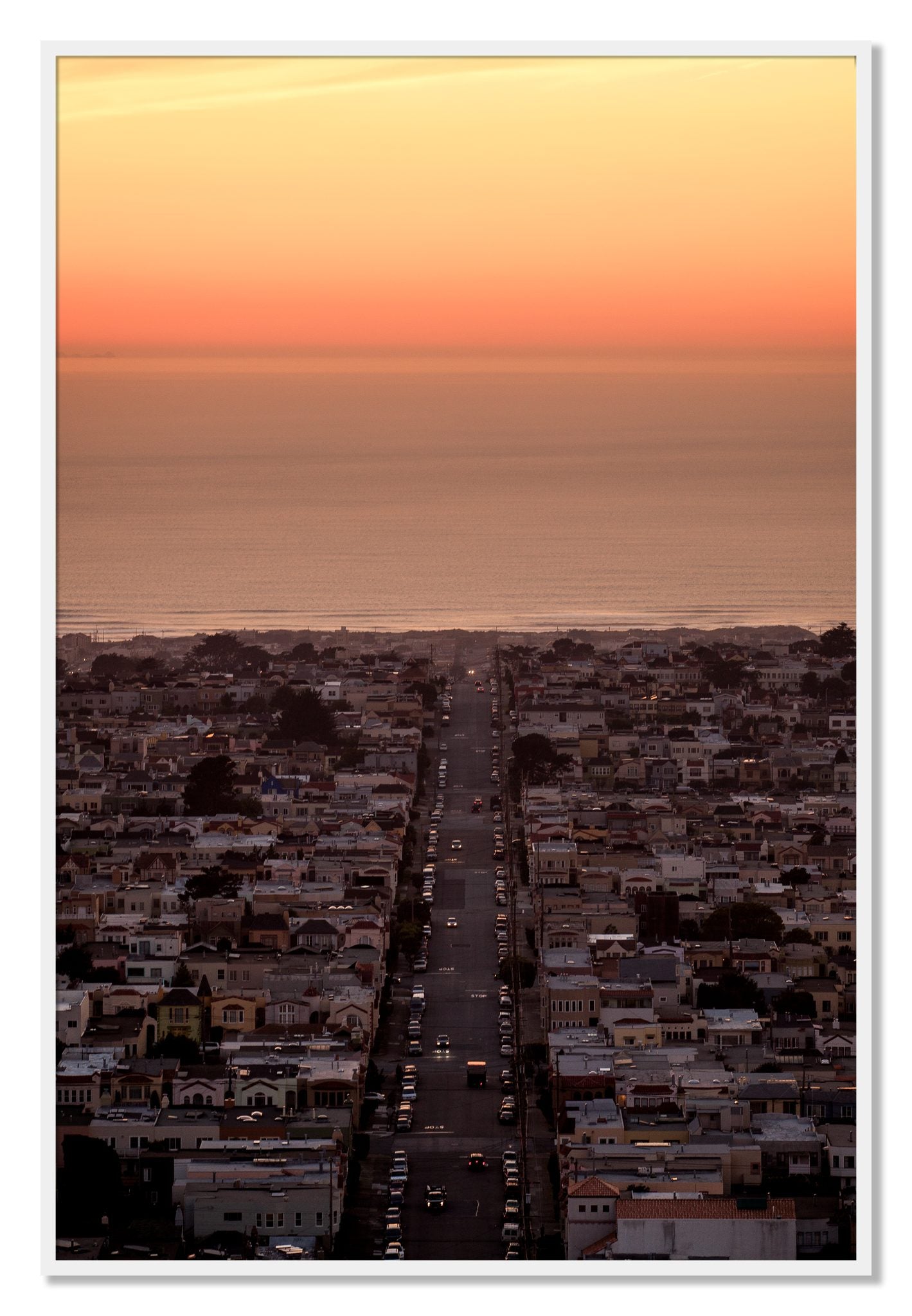 Framed photograph of Sunset Streets by Dylan Ozanich, White frame, Full Bleed