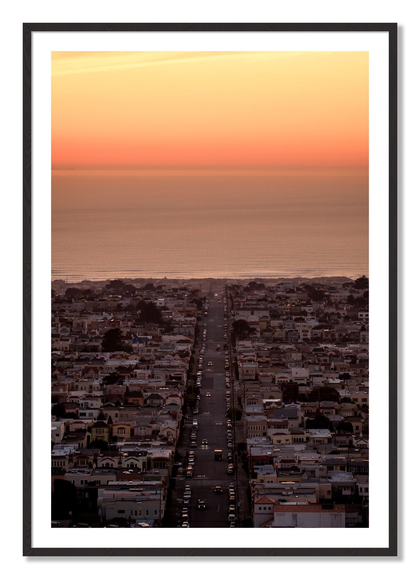 Framed photograph of Sunset Streets by Dylan Ozanich, Black Walnut frame, Borders