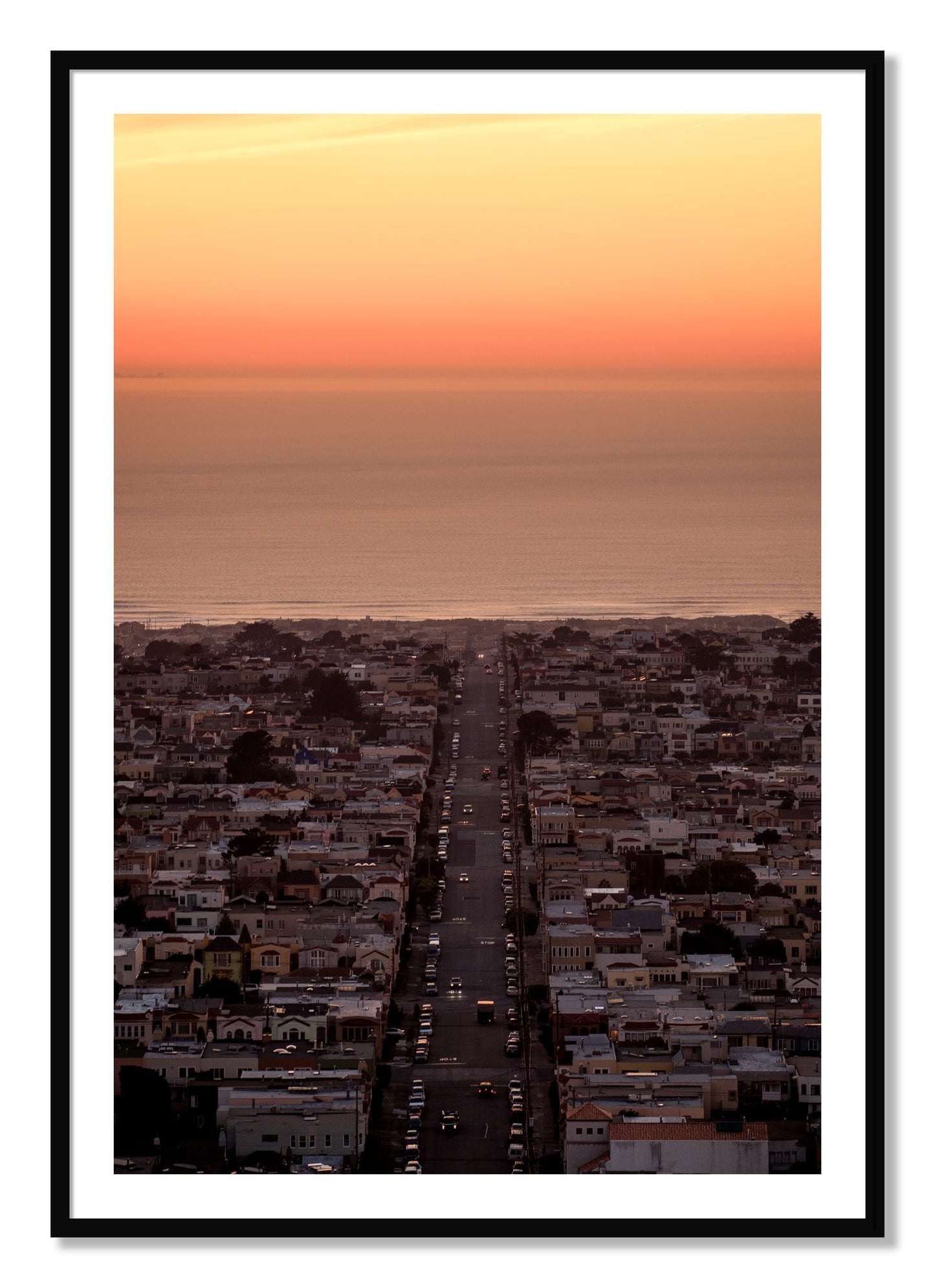 Framed photograph of Sunset Streets by Dylan Ozanich, Black frame, Borders