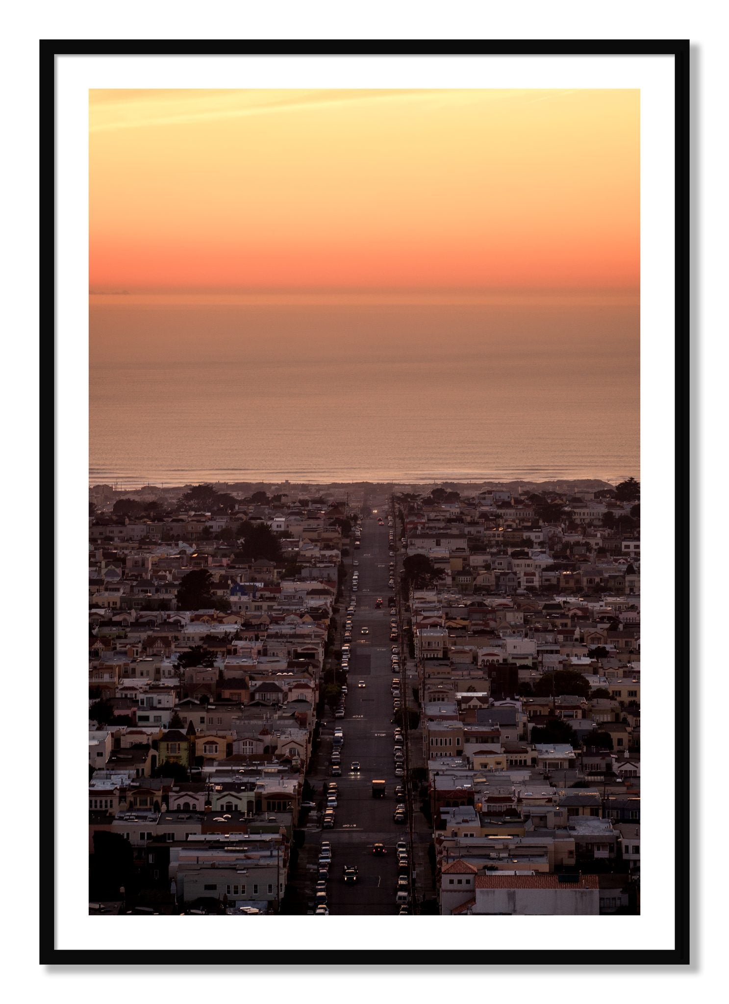 Framed photograph of Sunset Streets by Dylan Ozanich, Black frame, Borders