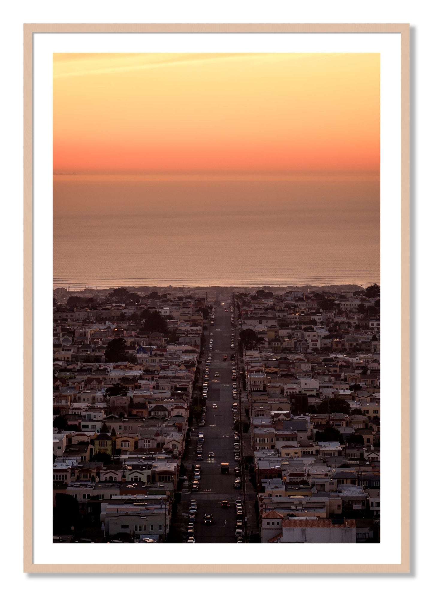 Framed photograph of Sunset Streets by Dylan Ozanich, Maple frame, Borders