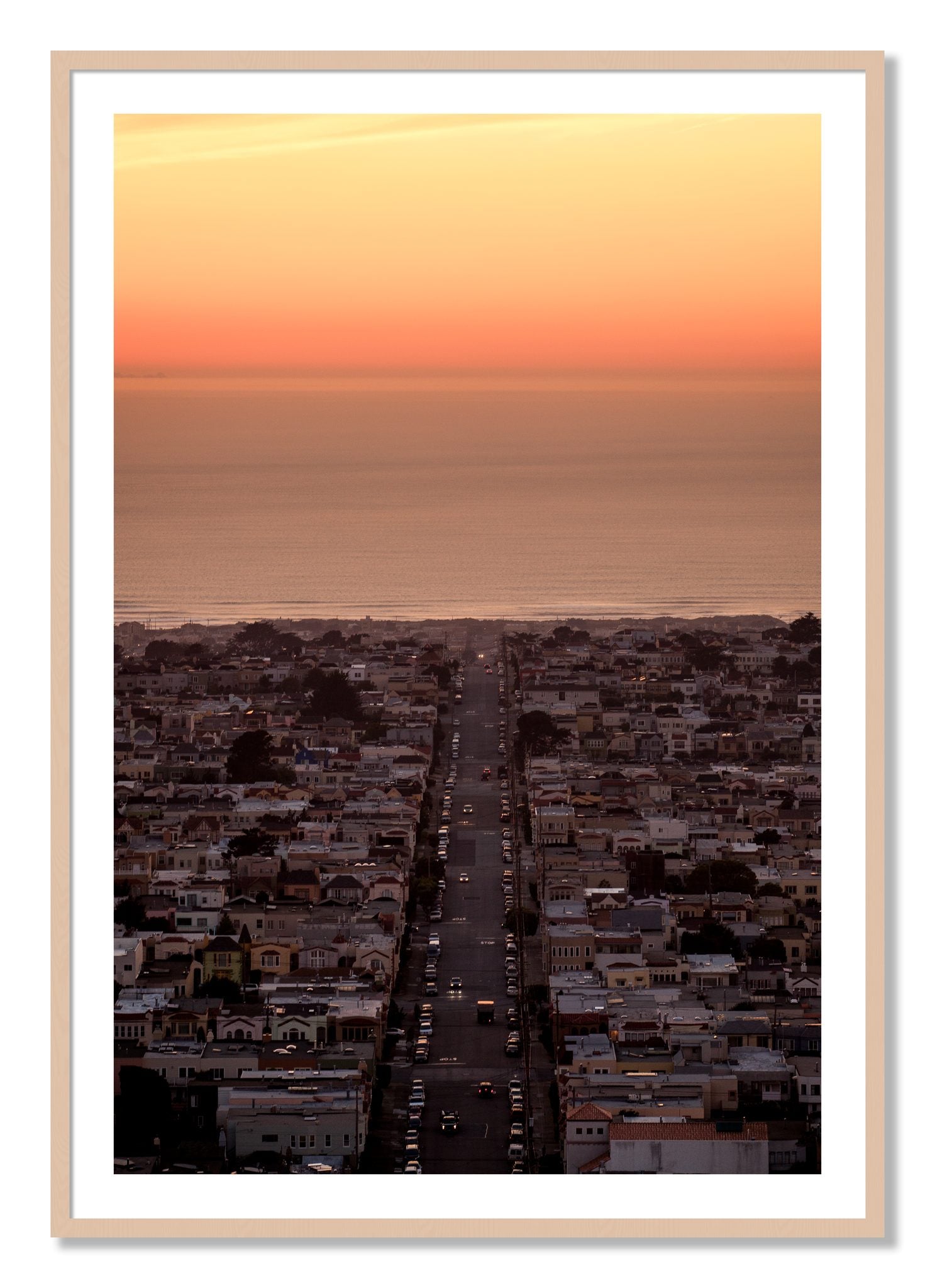Framed photograph of Sunset Streets by Dylan Ozanich, Maple frame, Borders