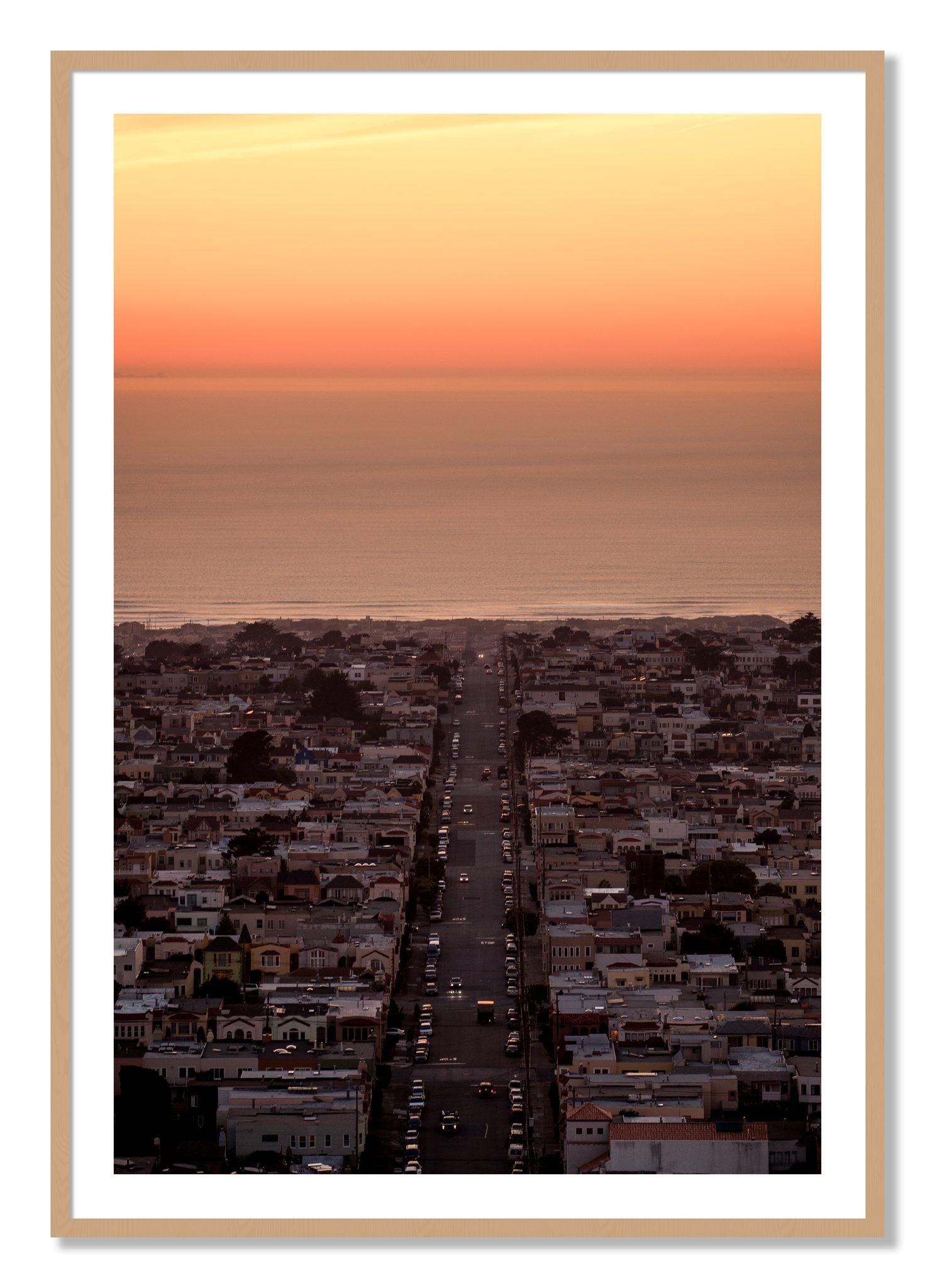 Framed photograph of Sunset Streets by Dylan Ozanich, Oak frame, Borders